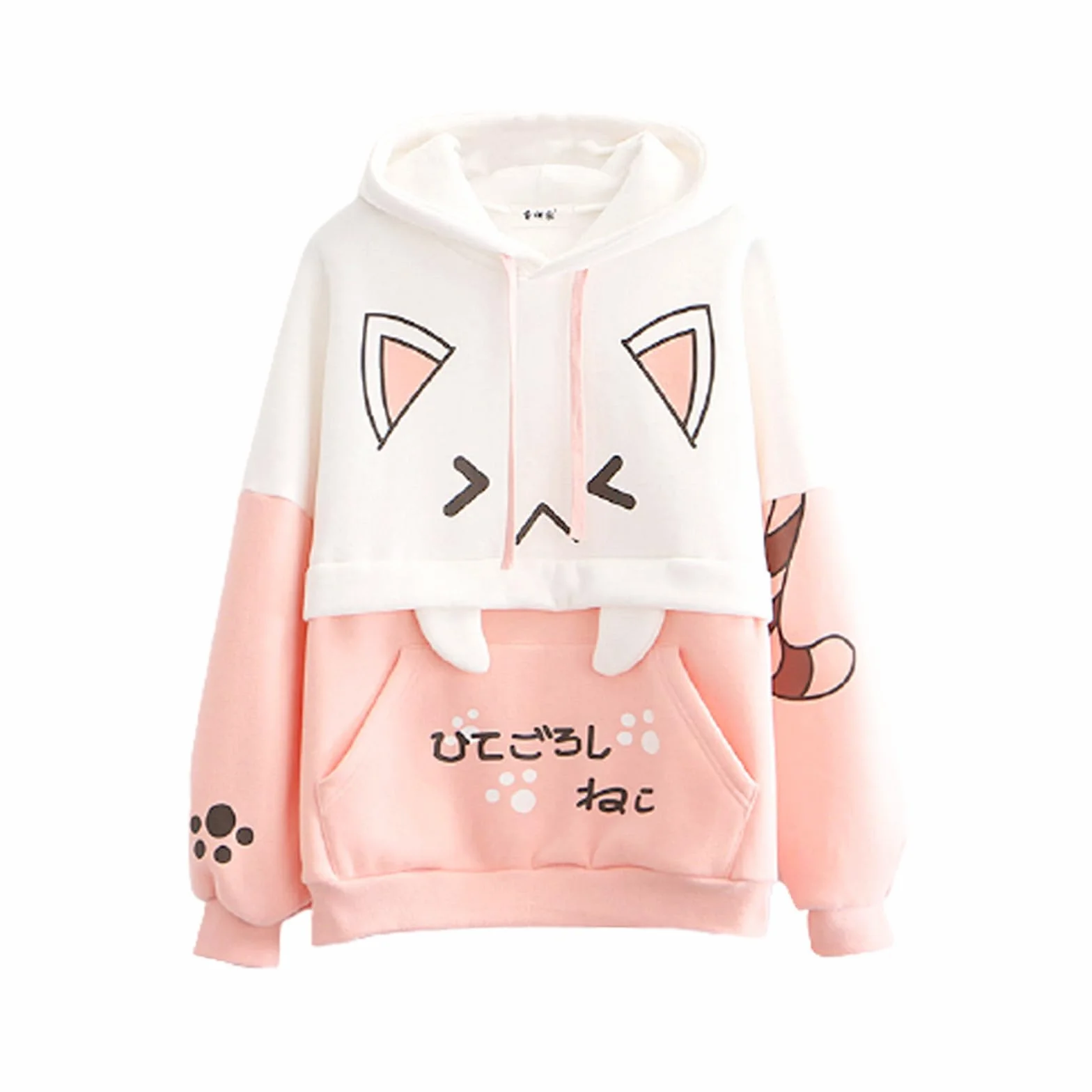 Himifashion urocza bluza z kapturem nastolatki kawaii nadruk kota sweter z kapturem topy plus aksamitna bluza luźne ciepłe bluzy z kapturem, różowy, Rozmiar uniwersalny