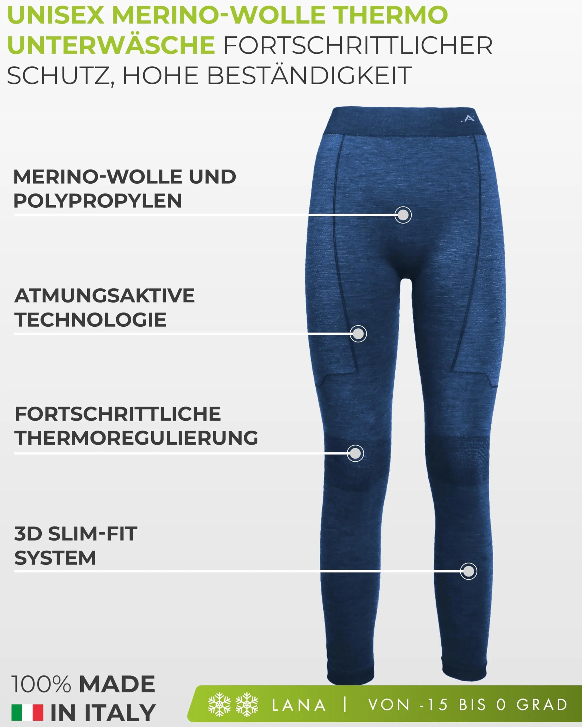 Risalti MęSkie Spodnie Termiczne Unisex Z WełNy MerynosóW - Damskie Zimowe Legginsy Termiczne, MęSka OddychająCa, Elastyczna Bezszwowa Odzież Termiczna - Made In Italy
