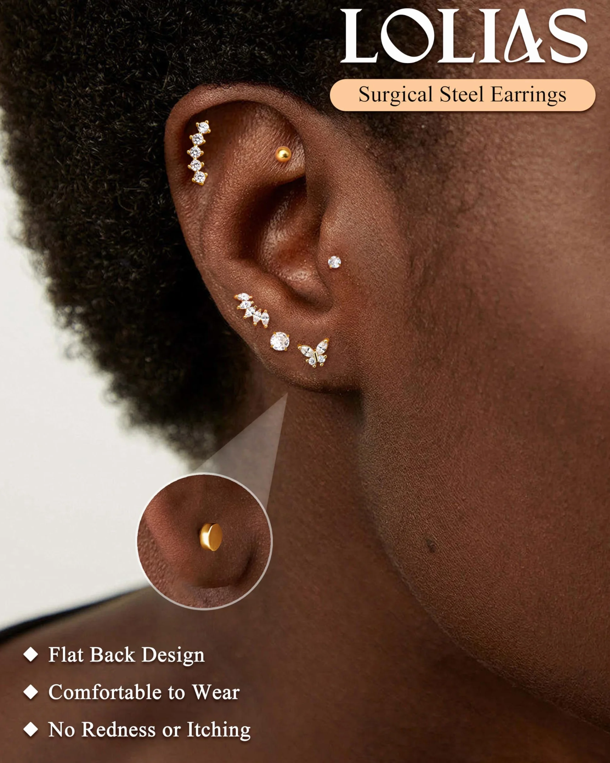 LOLIAS 20 szt. Helix Piercing biżuteria stal chirurgiczna tragus kolczyk płaski tył kolczyki dla kobiet piercing ucha Helix Stud Hoop kolczyki chrząstki kolczyki srebrne złote muszle stokrotka tragus