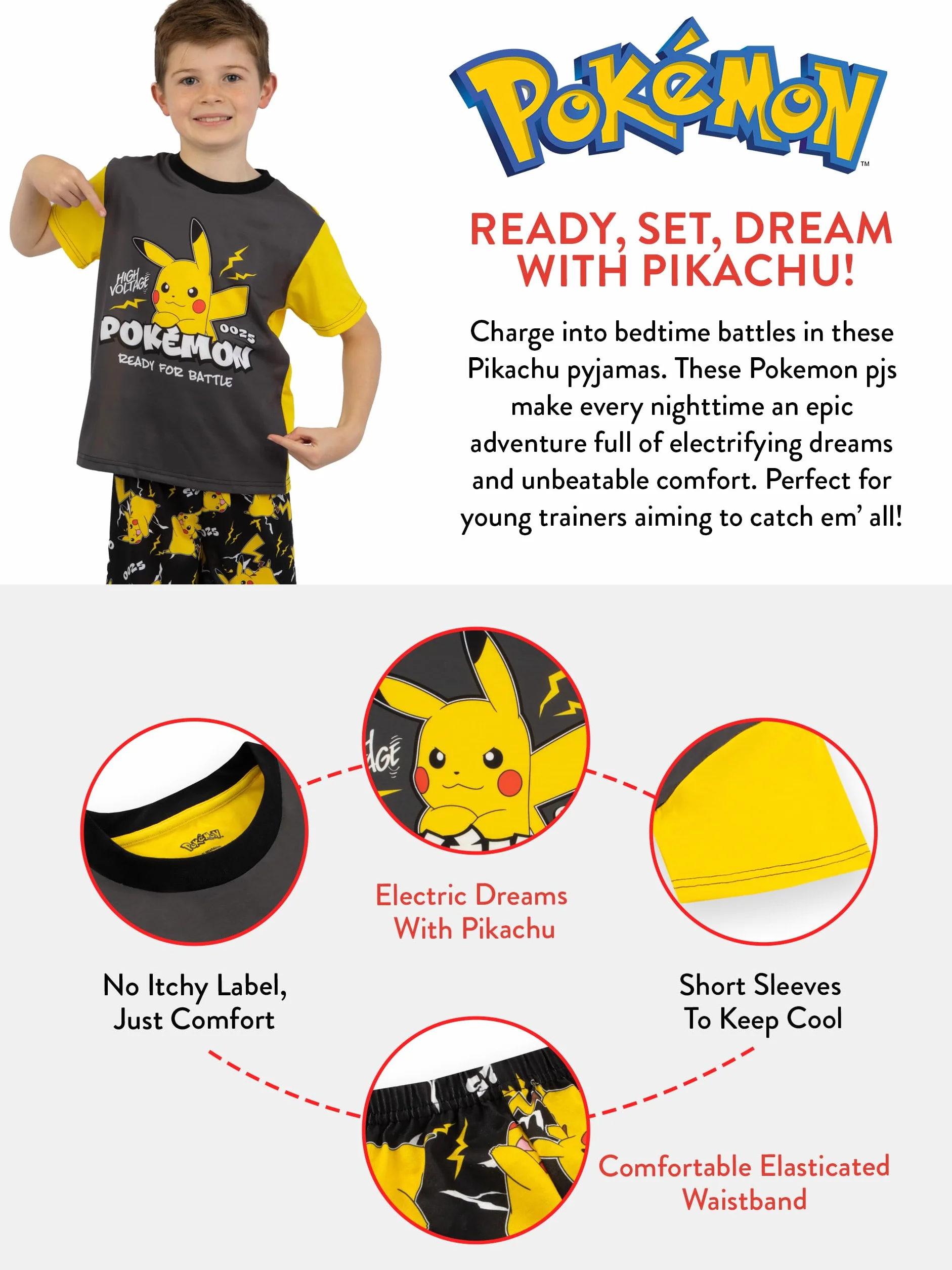 Pokémon Piżama | Piżama Chłopięca Pikachu | Piżama dla Chłopców | Zestaw Krótkiej Piżamy Chłopięcej z Krótkim Rękawem