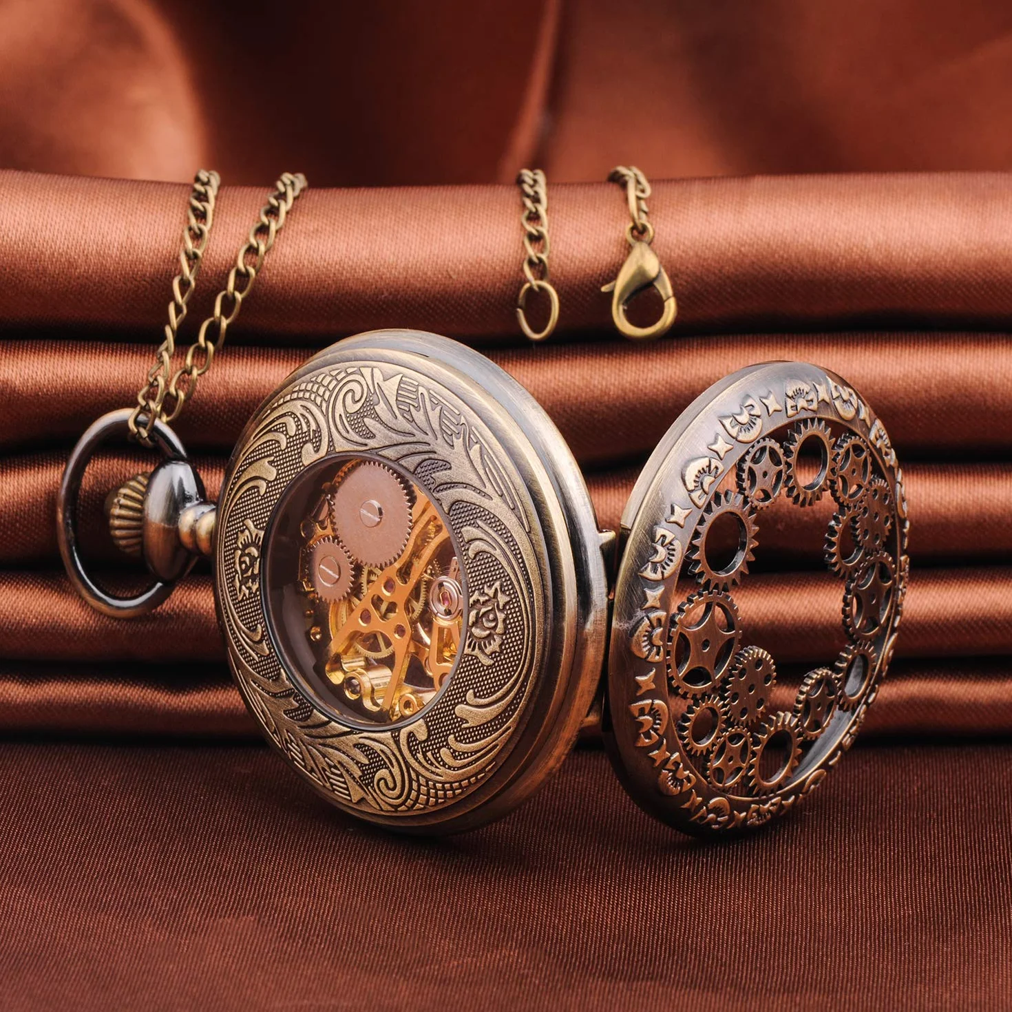 Unendlich U Męski zegarek kieszonkowy z cyframi rzymskimi z łańcuszkiem, analogowy, ręcznie nawijany, uniseks, retro, steampunk, brązowy, retro, Brązowy, vintage lub steampunk