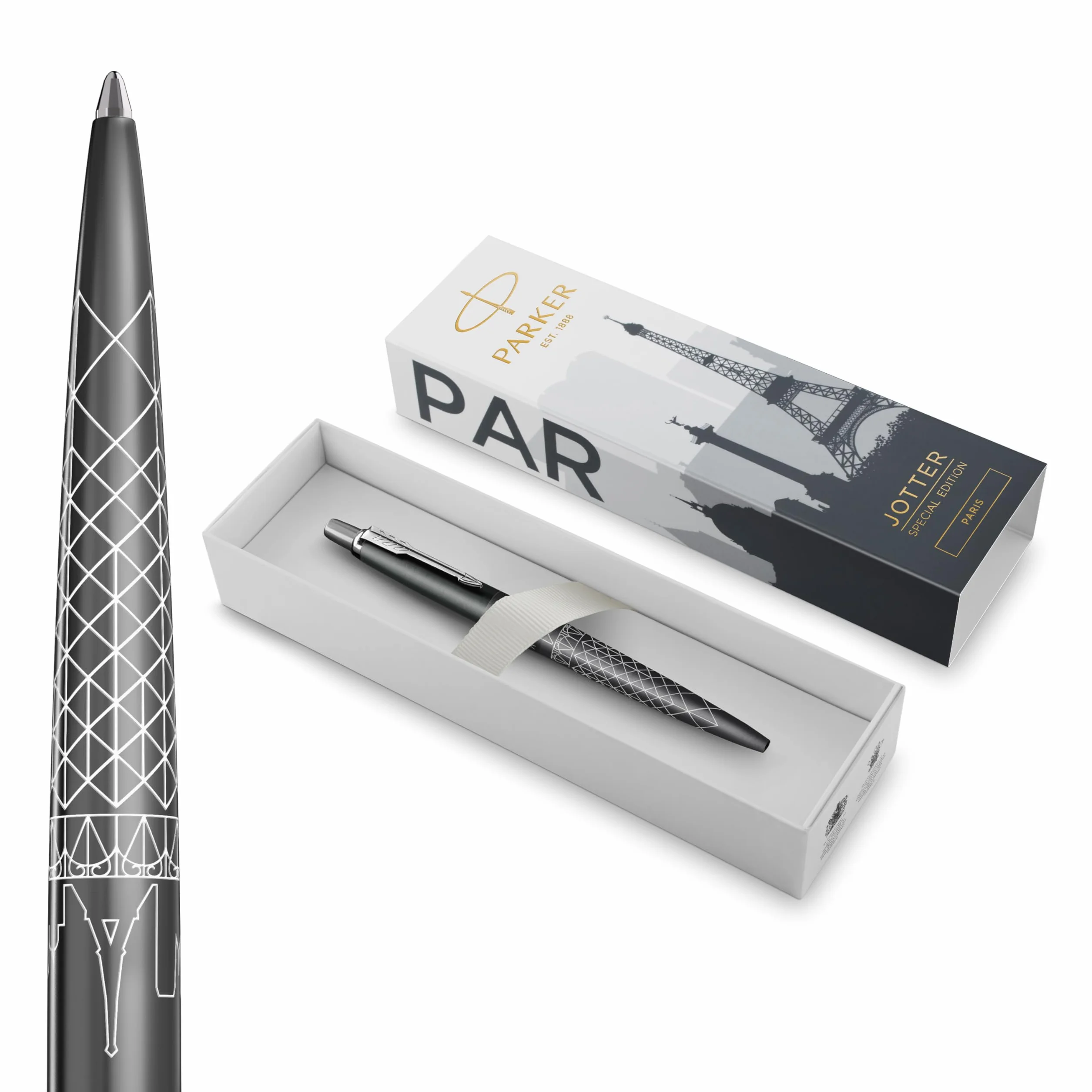 Długopis Parker Jotter | Edycja specjalna | Paris Grey z chromowanymi zdobieniami | Końcówka medium | Niebieski tusz | Opakowanie prezentowe
