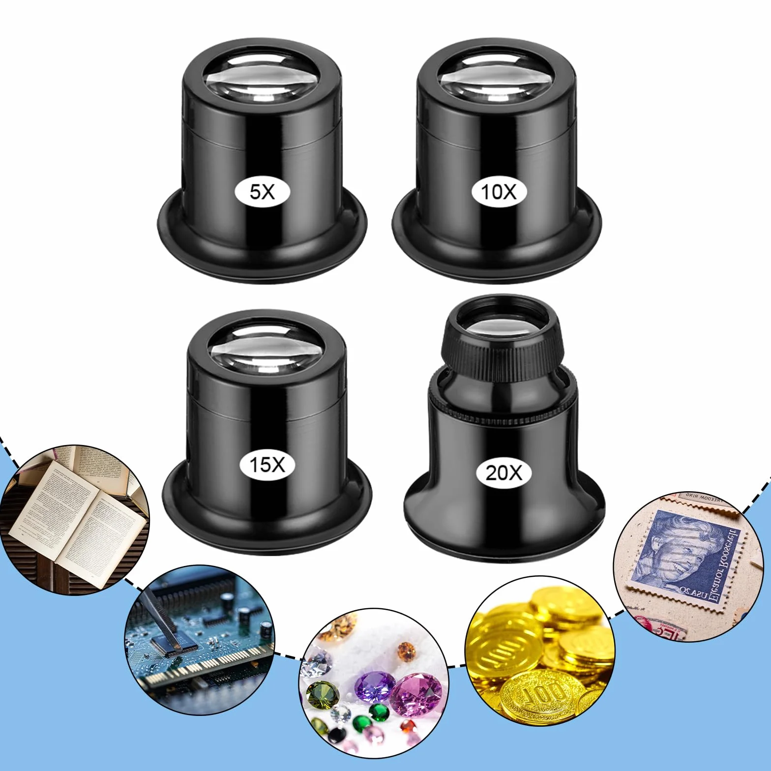 4 sztuki lupa jubilerska zegarmistrzowska 5x/10x/15x/20x lupa do biżuterii, kamieni szlachetnych, monet, diamentów, znaczków, zegarków, hobby, elektryka, szycia, szkło powiększające, szkło z pętelką