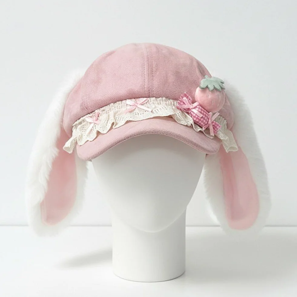 Uroczy królik ucho beret kapelusz kobiety zimowy beret gazeciarz czapka słodka czapka beanie malarz kapelusze kawaii francuski styl artysta czapka