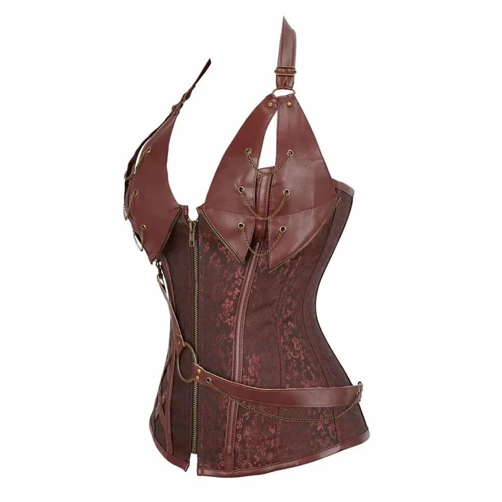 Niiyyjj Damski gorset z ćwiekami ze sztucznej skóry, gorset z łańcuszkami, steampunk, kamizelka modelująca talię, Czerwony, 6XL