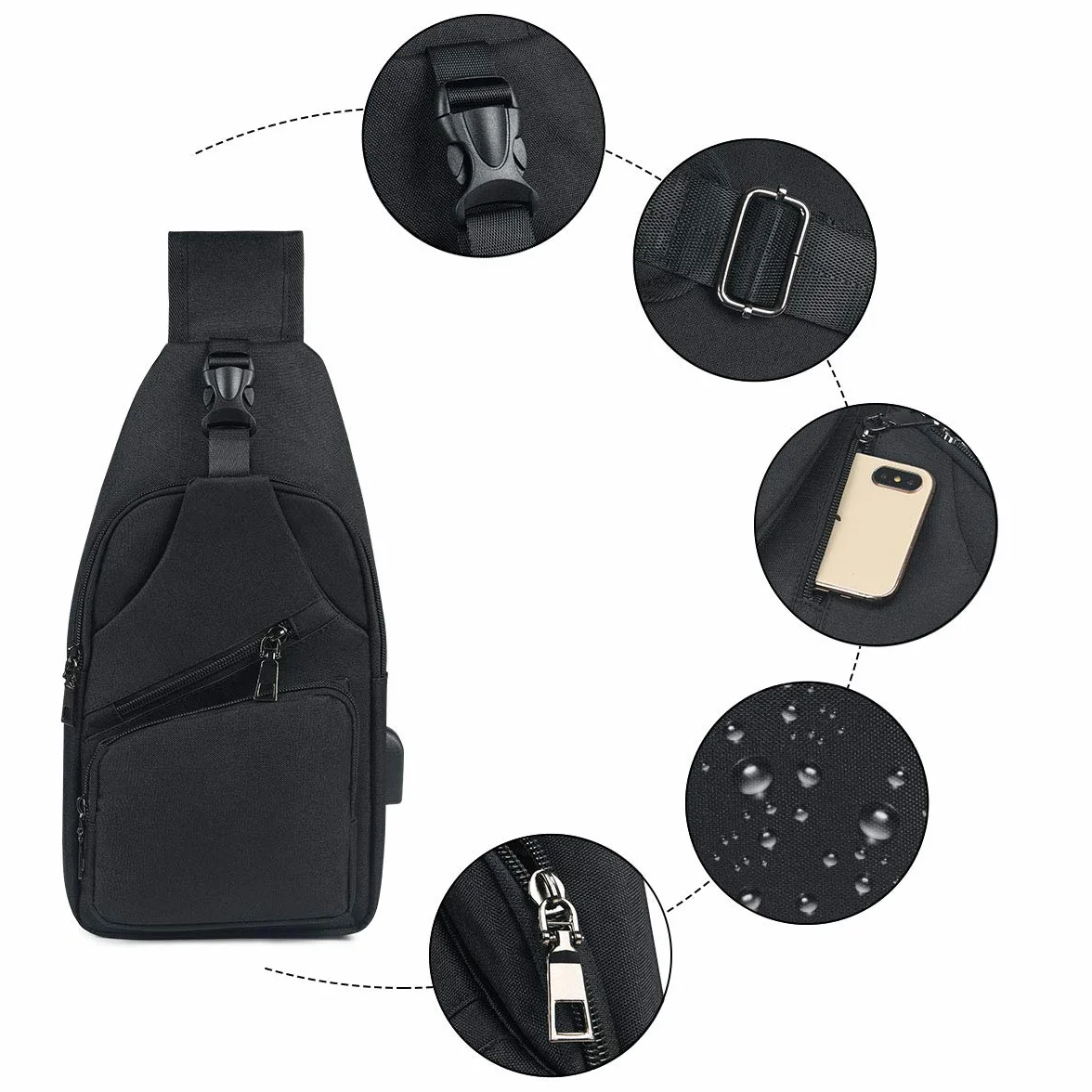 flintronic Torba na ramię, torba na klatkę piersiową z portem ładowania USB, dla mężczyzn i kobiet, lekka torba crossbody, do wędrówek, jazdy na rowerze, podróży