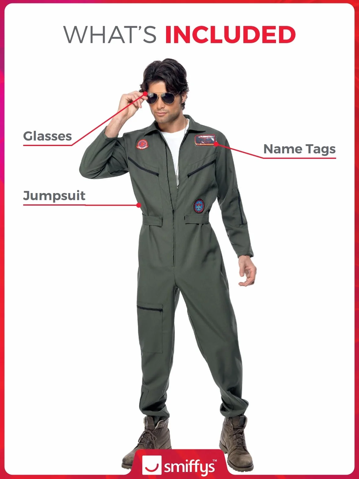 Smiffys 26287L męski kostium Top Gun, kombinezon, tabliczka z nazwiskiem i okulary przeciwsłoneczne, zielony, rozmiar: L, 36287