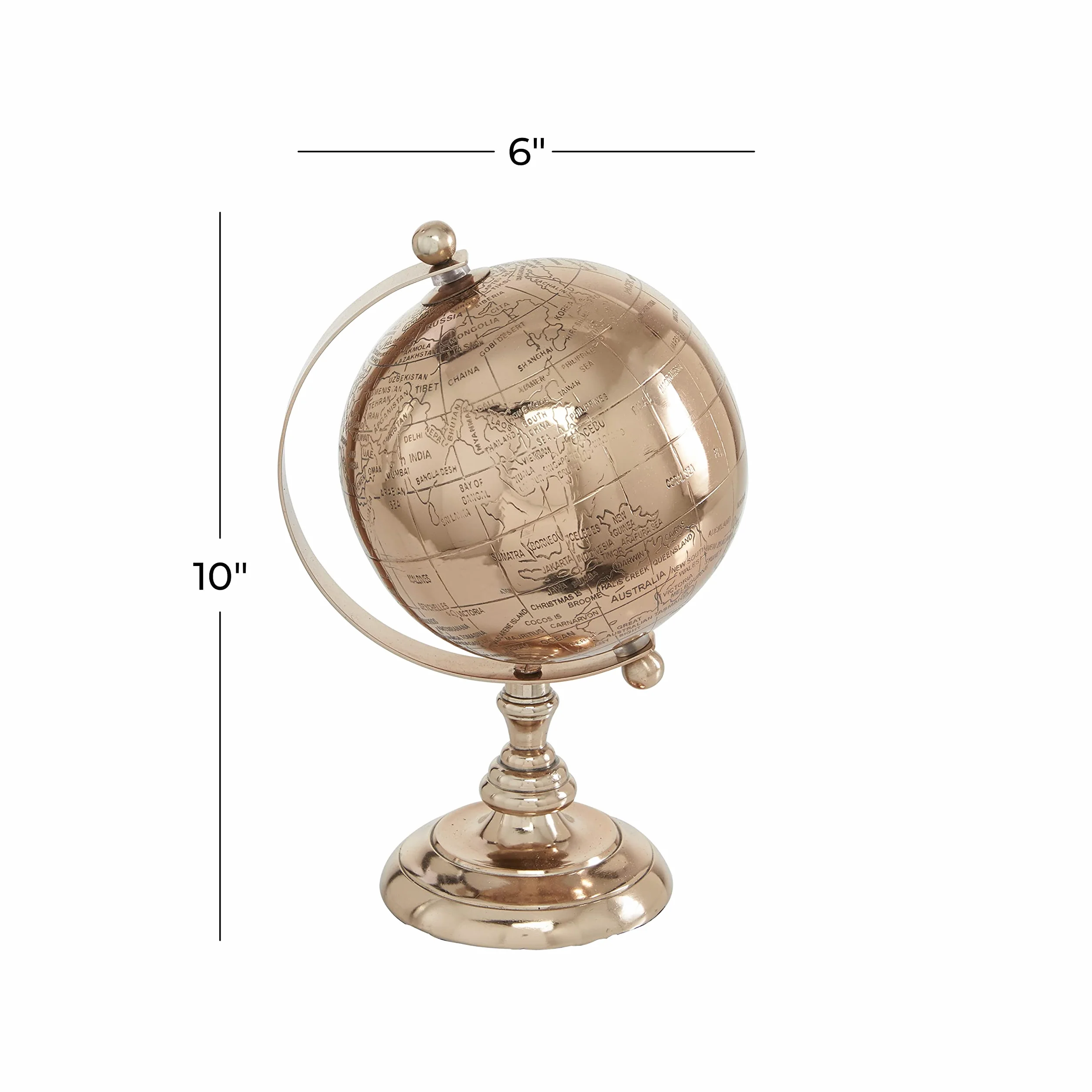 Deco 79 Tradycyjny aluminiowy globus edukacyjny, geograficzny, nowoczesna dekoracja biurka - do szkoły, domu i biura, 15 cm dł. x 15 cm szer. x 25 cm wys., różowe złoto