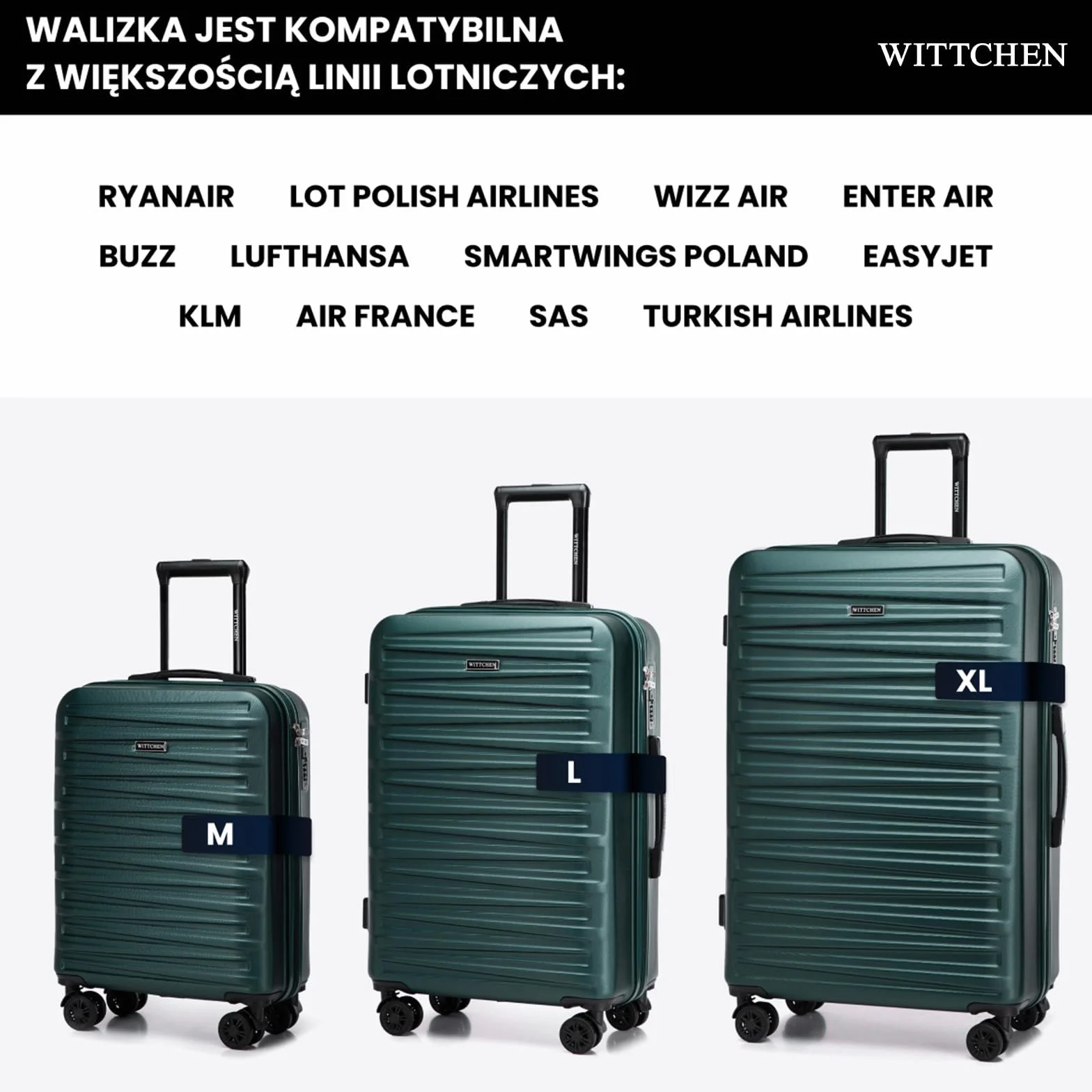 WITTCHEN Skyspeed Line Zestaw walizek Bagaż Walizki podrózne Twardy bagaż ABS Szyfrowy zamek Teleskopowy uchwyt 4 kółka Zielony