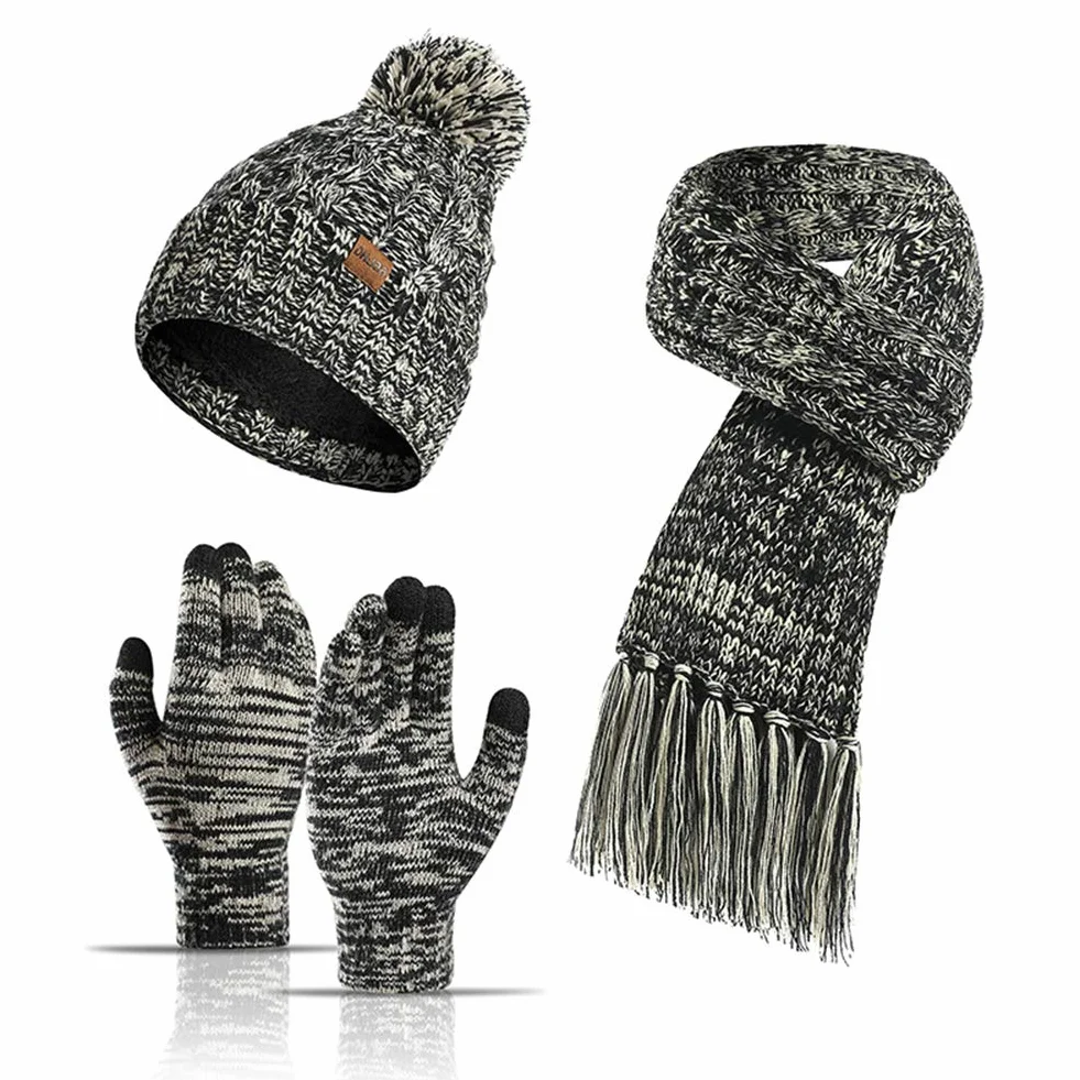 3 szt./zestaw unisex zimowa ciepła czapka beanie szalik zestaw i rękawiczki z ekranem dotykowym kobiety mężczyźni gruba elastyczna dwustronna dzianinowa czapka beanie para czapka outdoorowa narciarstwo, kemping