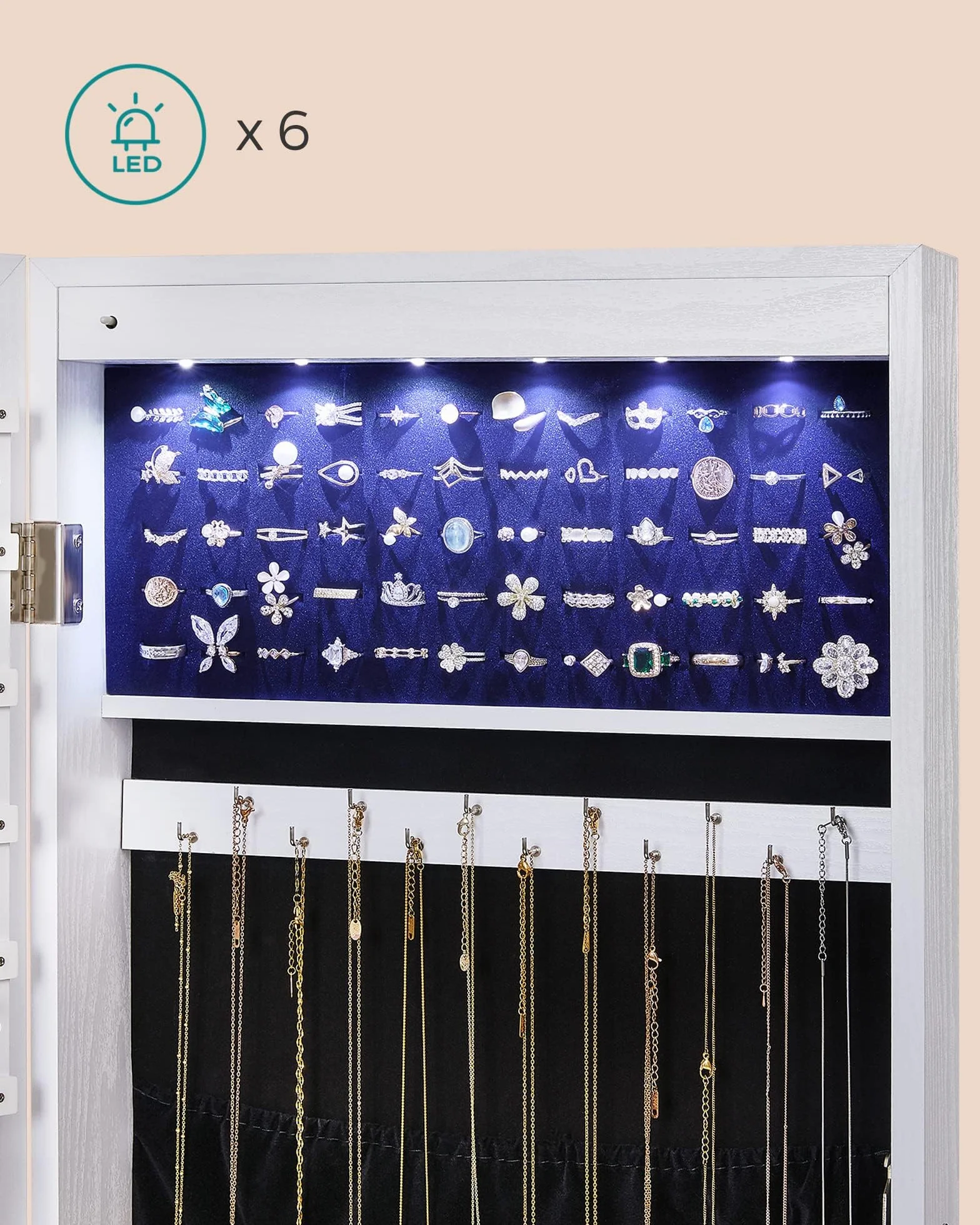 SONGMICS Szafka na biżuterię z długim lustrem, do przechowywania biżuterii z 6 lampami LED, do zawieszenia na drzwiach lub na ścianie, duża pojemność, 2 szuflady, biała JJC99WT