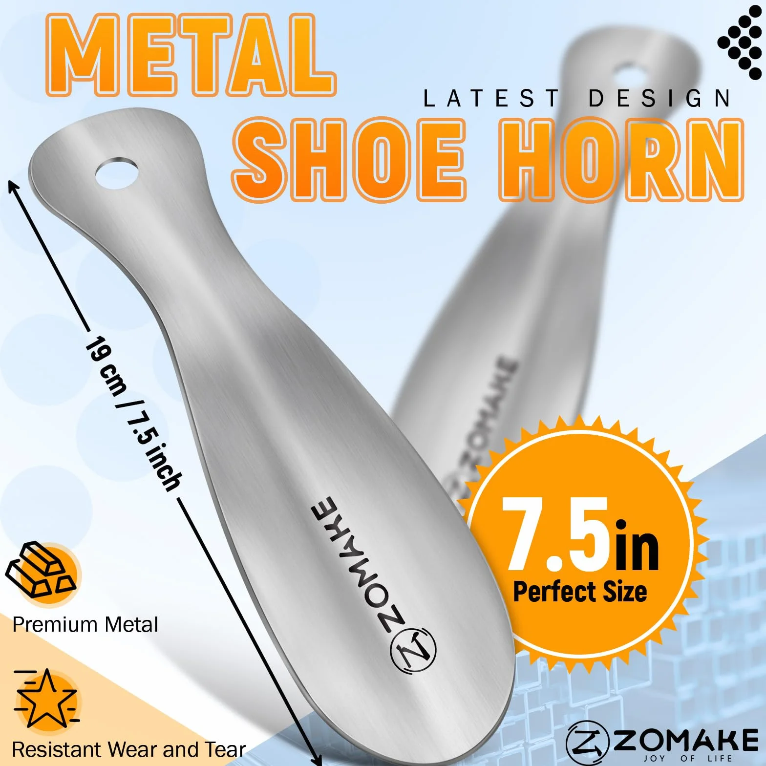 ZOMAKE Mini Łyżka Do Butów Mała Metalowa 19cm,Krótka Łyżka Do Butów Ze Stali Nierdzewnej - Srebrna Mała Łyżka Do Butów Z Uchwytem Ściennym