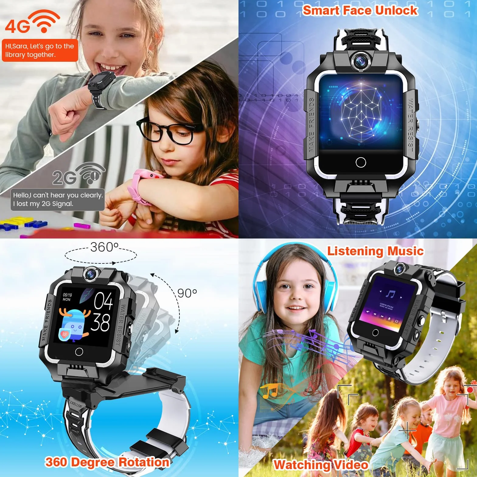 Smartwatch 4G dla dzieci, GPS Smartwatch z podwójną kamerą 360°, WiFi, wideo, rozmowy telefoniczne, SOS, krokomierz, wodoszczelność IP67, Smart Watch dla dziewcząt i chłopców (czarny)