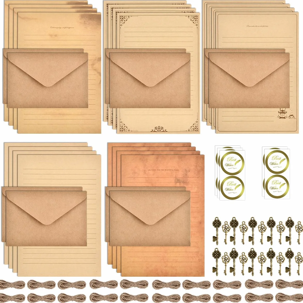 Zestaw papieru listowego i kopert w stylu vintage 60 sztuk, papier do tekstu w stylu vintage - 20 arkuszy A5 papieru w stylu vintage, 10 kopert kraft, 10 kluczy w stylu retro, 10 lin konopnych, 10