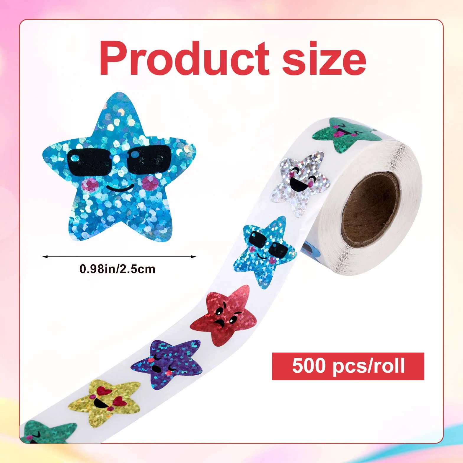 500szt Brokatowe Naklejki z Usmiechnietymi Gwiazdkami, 2,5cm Holograficzna Rolka Naklejek z Gwiazdkami Naklejki z Foliowymi Gwiazdkami do Nagród w Klasie Prac Uczniów Dzieci Nauczycieli
