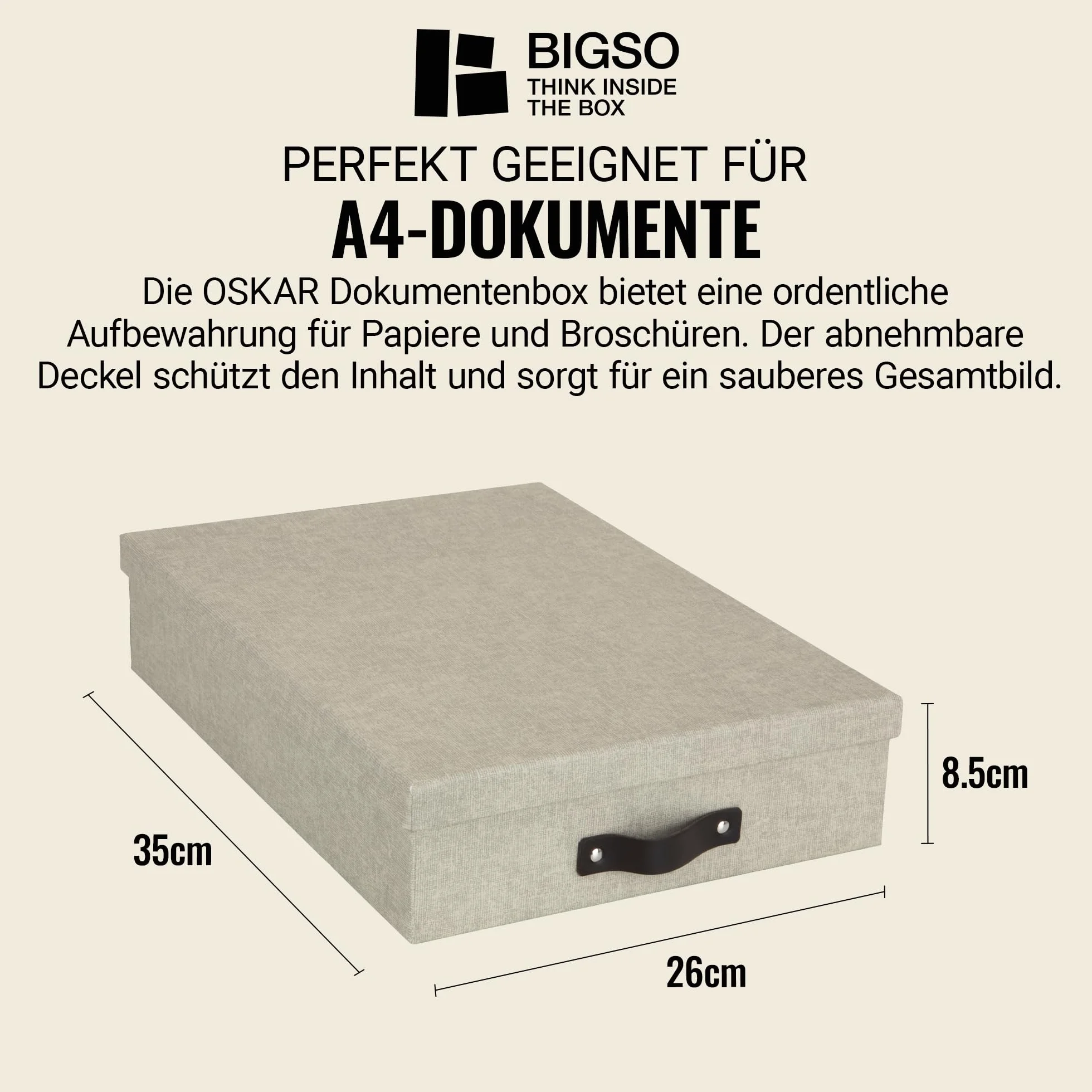 BIGSO BOX OF SWEDEN OSKAR Pudełko na dokumenty A4, broszury itd. – półka na biurko z pokrywką i uchwytem – pudełko do przechowywania z płyty pilśniowej i papieru o wyglądzie lnu, beżowe