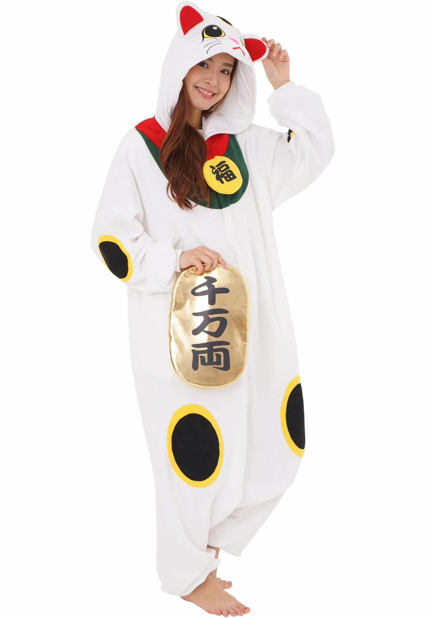 SAZAC Jednoczęściowy kombinezon jednoczęściowy z motywem kota Lucky Kigurumi, Maneki Neko Kigurumi, Halloween, karnawał, dla dzieci i dorosłych, jeden rozmiar pasuje do wszystkich (155-180 cm)