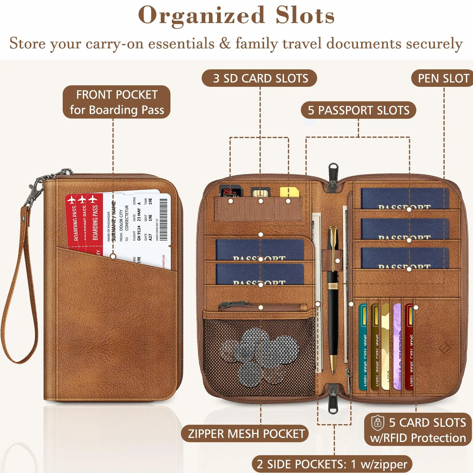 FINTIE Etui na paszport, portfel podróżny dla rodziny, blokowanie RFID, organizer na dokumenty, kopertówka na paszport, wizytówki, karty kredytowe, karty pokładowe, Brązowy, Posiadacz paszportu