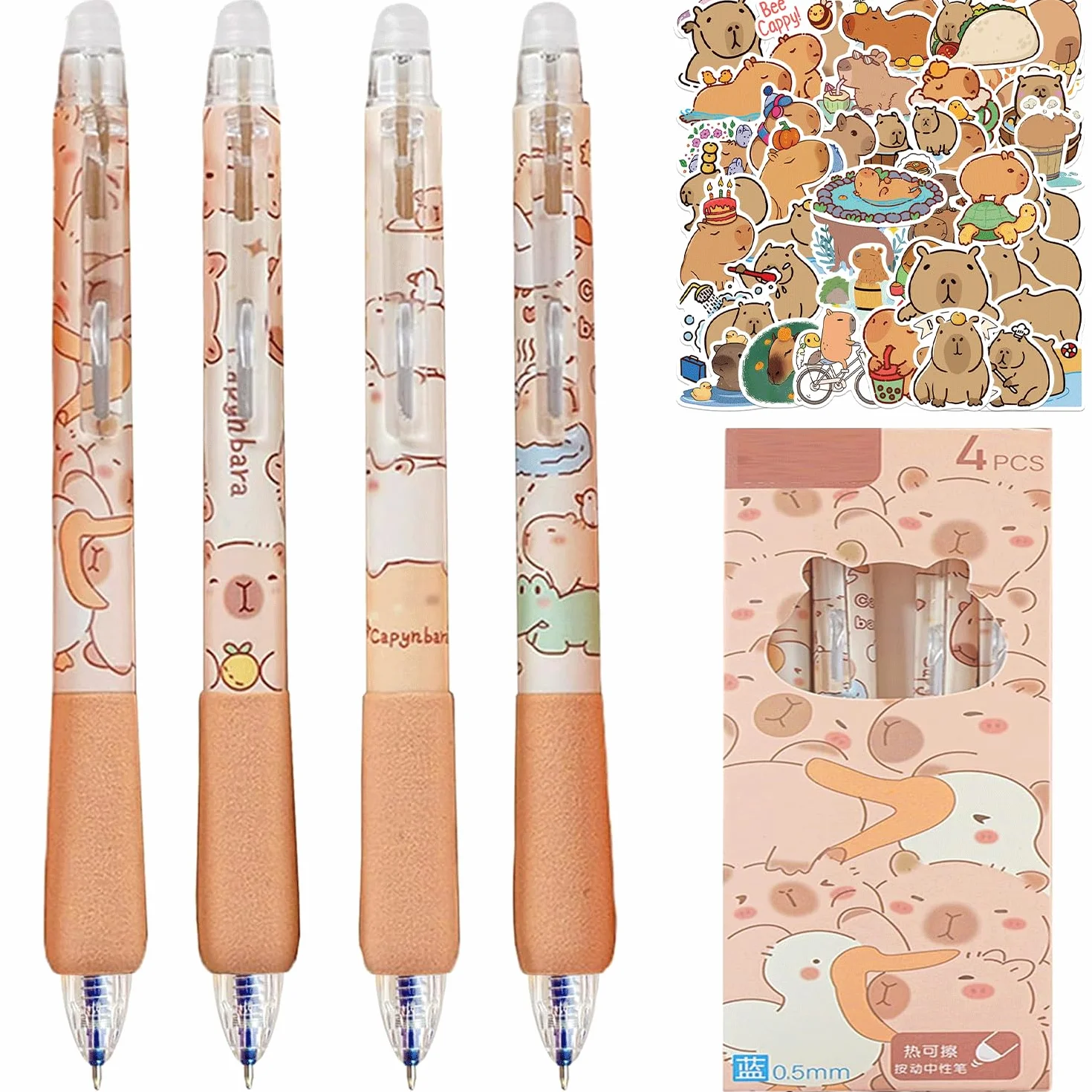 LEMONSTONE Capybara zestaw 4 pisaków do ścierania i 50 sztuk naklejek, niebieski atrament 0,5 mm, Capibara zestaw do ścierania długopisów do szkoły, biura, upominek Capybara (Capybara)