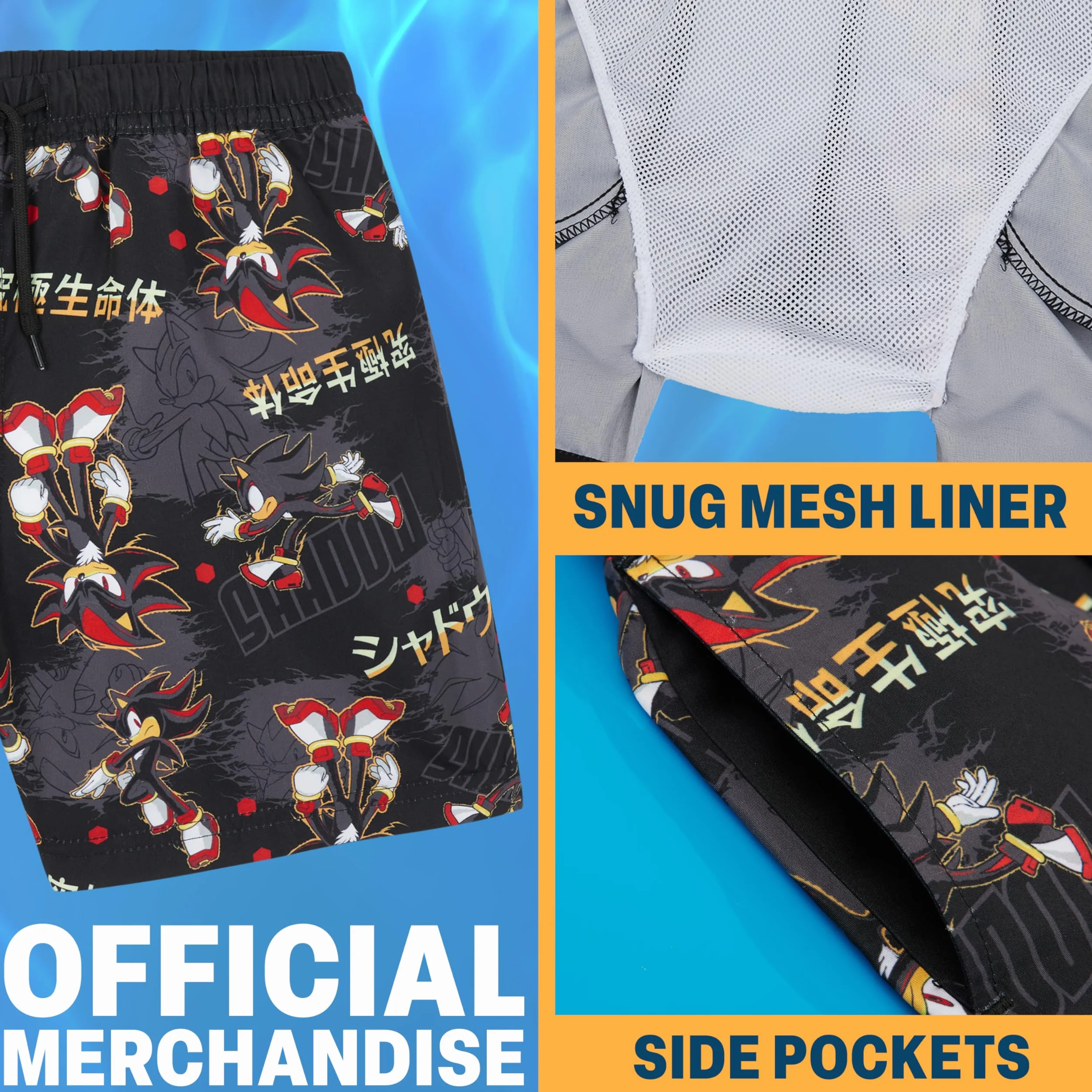 Get Trend Sonic THE Hedgehog Spodenki kąpielowe dla chłopców, UPF 50+, z siateczką, kąpielówki, akcesoria plażowe