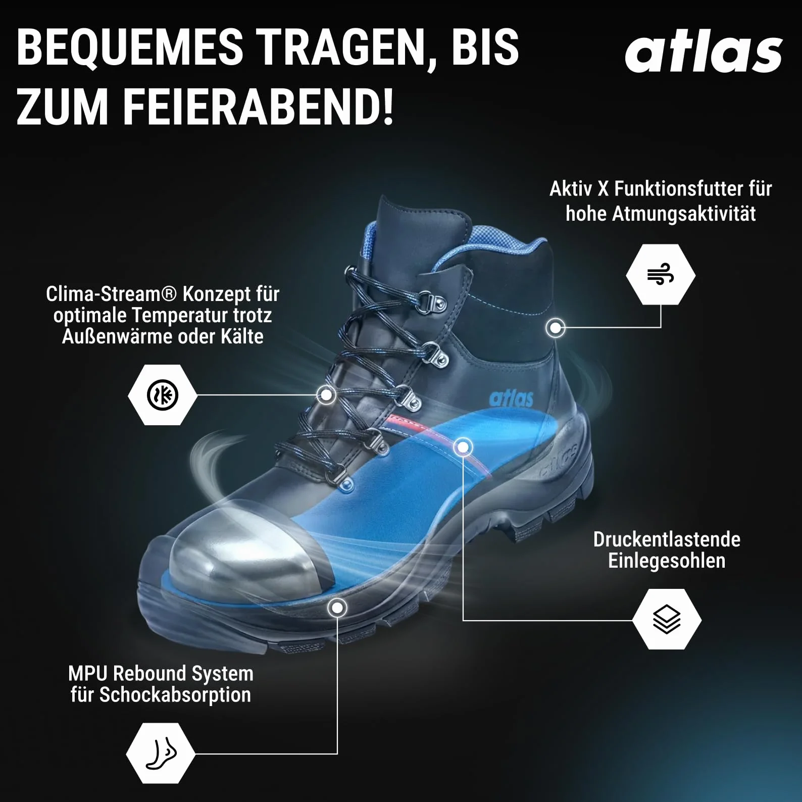 Atlas Męskie buty ochronne BAU 500, czarny, 43 EU