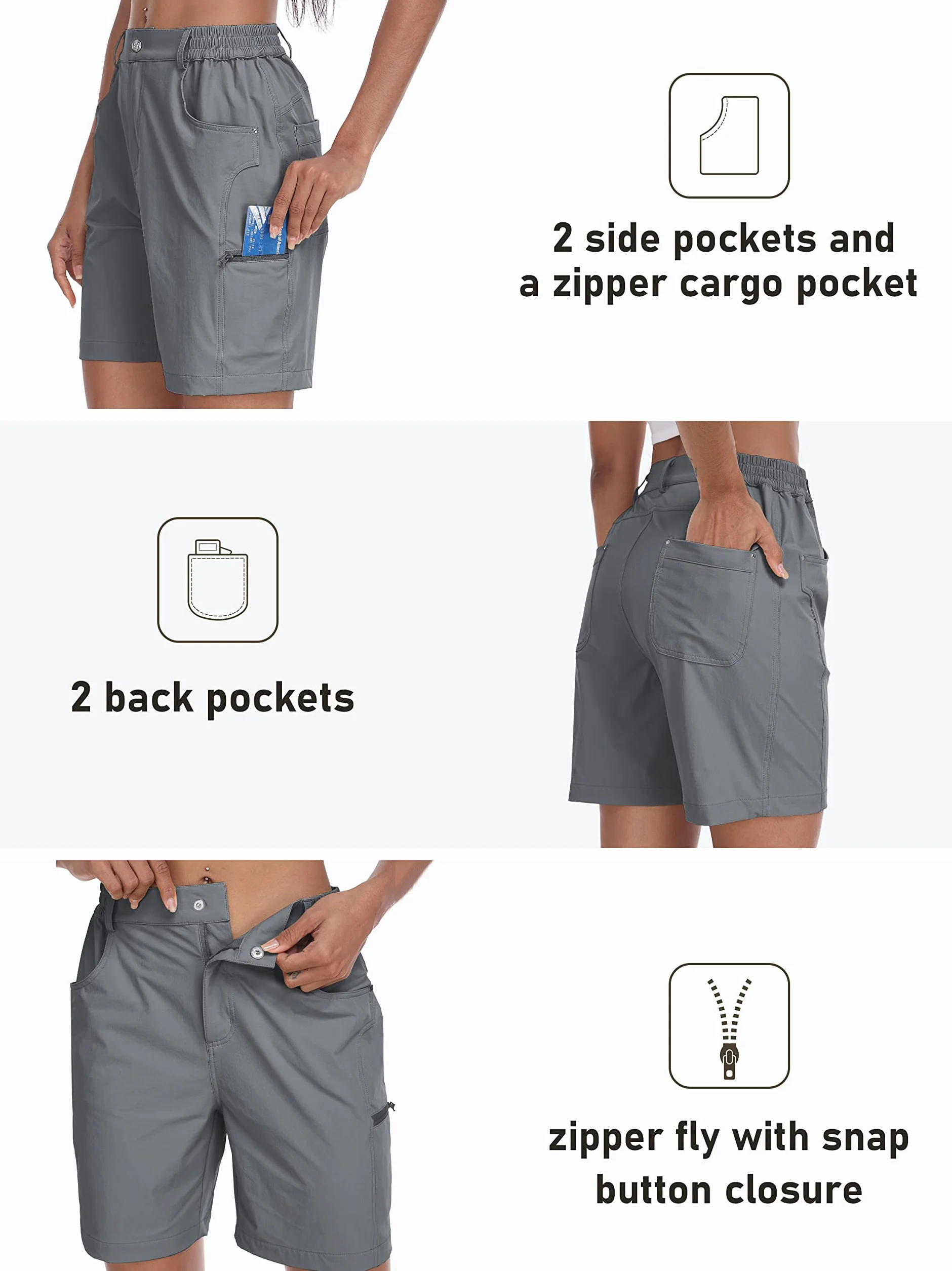 MoFiz Spodenki Cargo Damskie Hiking Shorts Lekkie Elastic Trekking Spodnie robocze Wodoodporny z kieszeniami, Szary, L