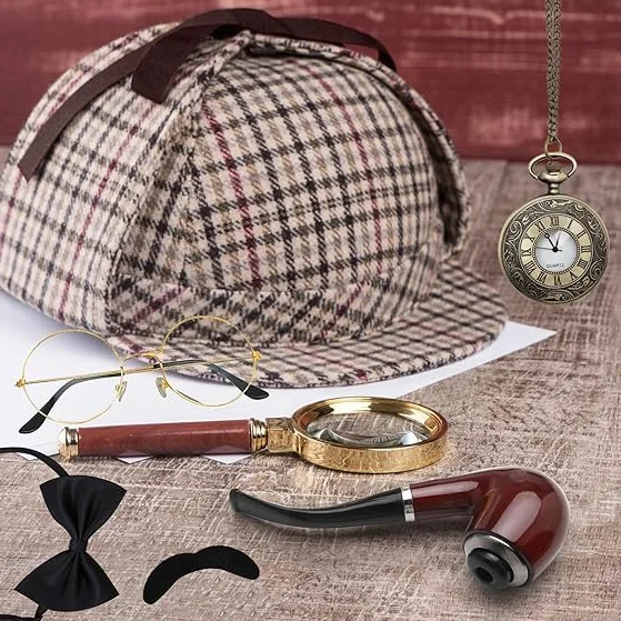 Sherlock Holmes, zestaw 7 akcesoriów do kostiumu detektywa, akcesoria do kostiumu detektywa, sztuczne okulary, wąsy, muchy, detektyw, cosplay, rekwizyty karnawałowe