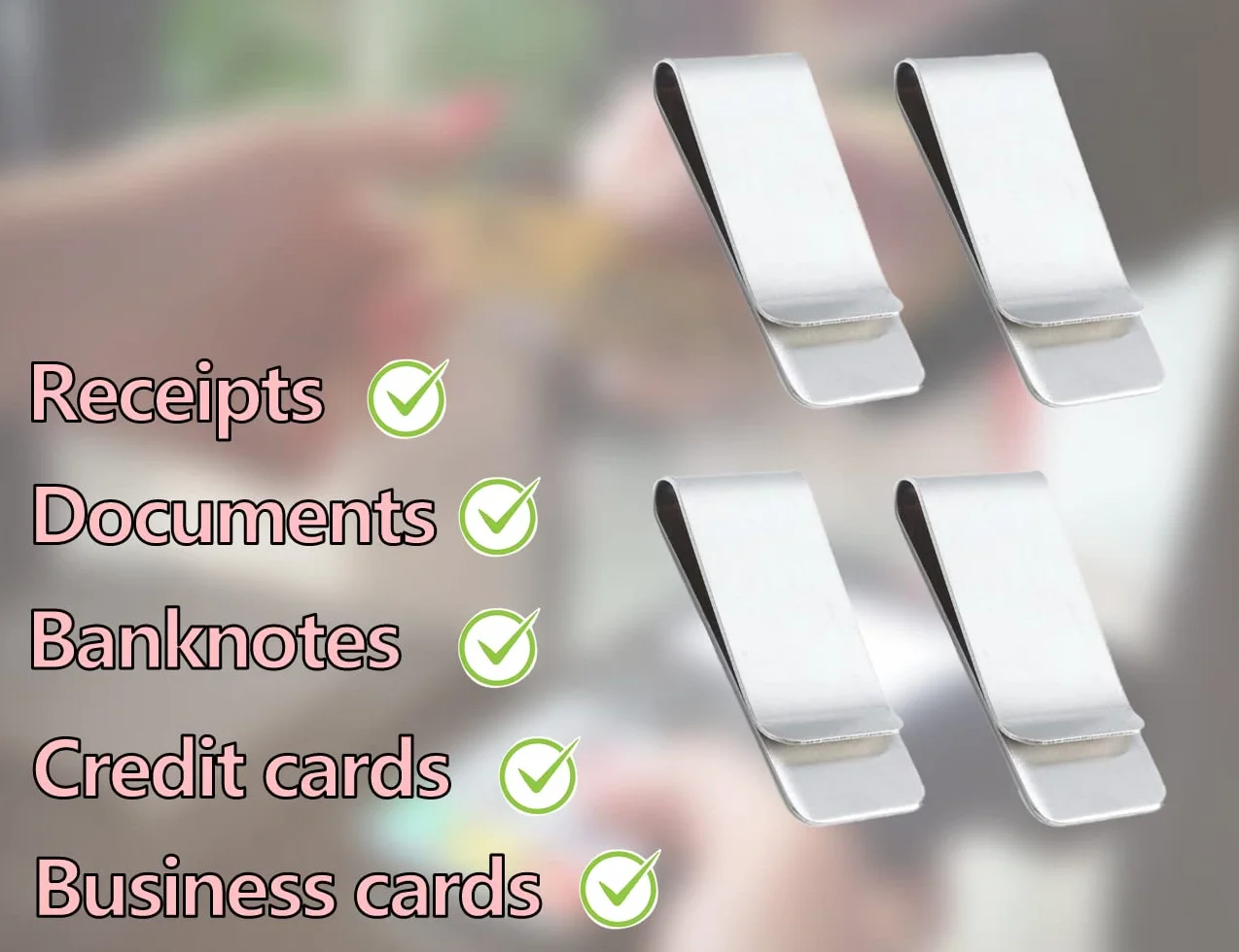 KAPSING 4 sztuki klipsów do banknotów ze stali nierdzewnej, do wizytówek, kart kredytowych, Kolor stal szlachetna, Minimalistyczny