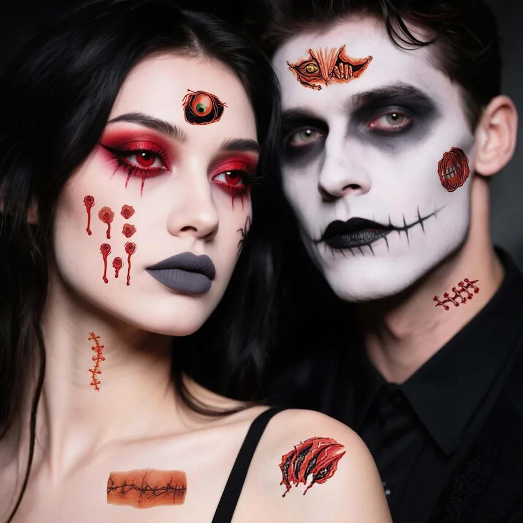 Tatuaż na blizny na Halloween, 30 arkuszy realistycznych blizn z horroru, straszny tatuaż na twarz zombie dla dzieci i dorosłych, wodoodporny tatuaż na Halloween, na karnawał i imprezę