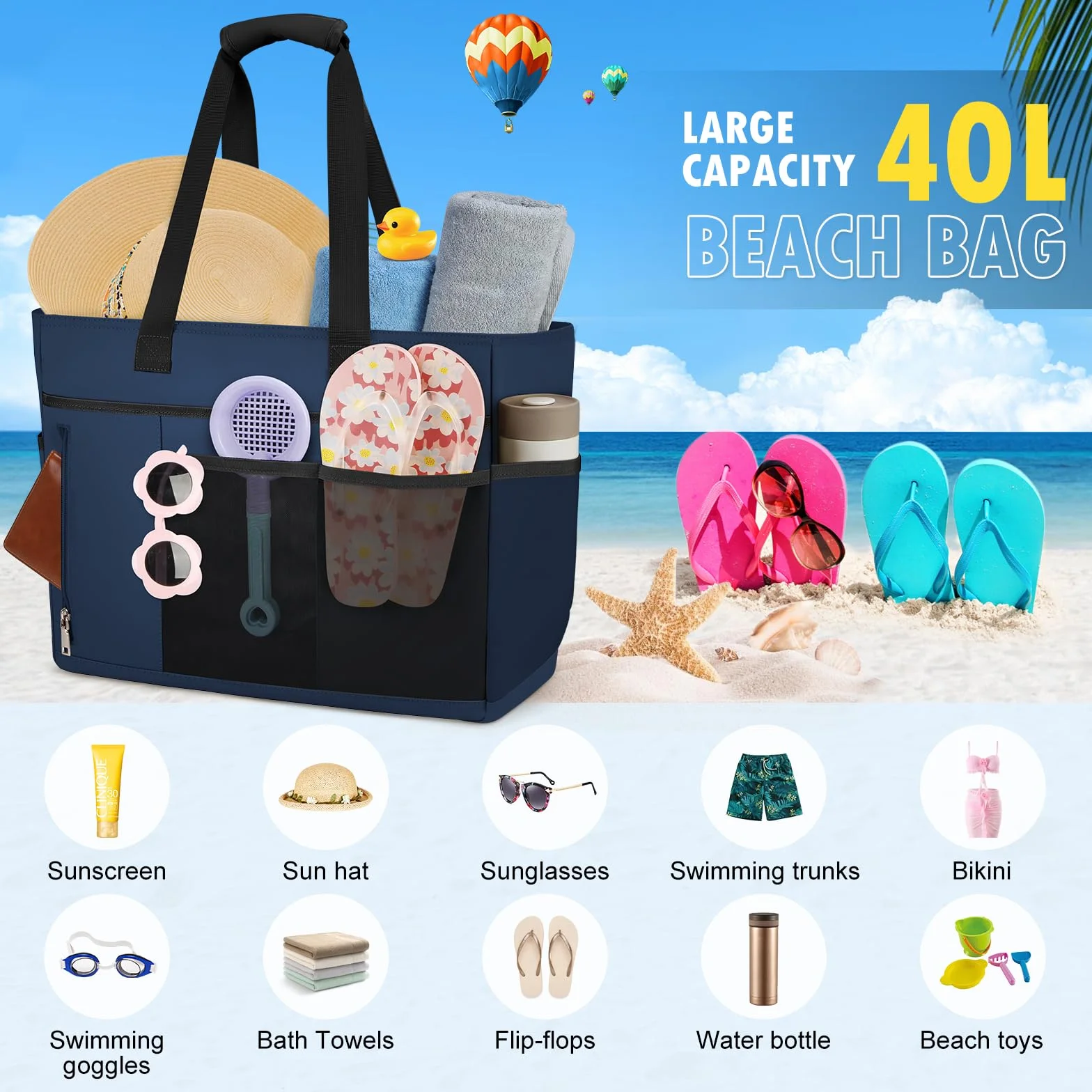 RAINSMORE Torba plażowa XXL, rodzinna torba kąpielowa, z zamkiem błyskawicznym, duża, damska, wodoszczelna, z siateczki, 40 l, damska torba do pływania, na plażę, podróże
