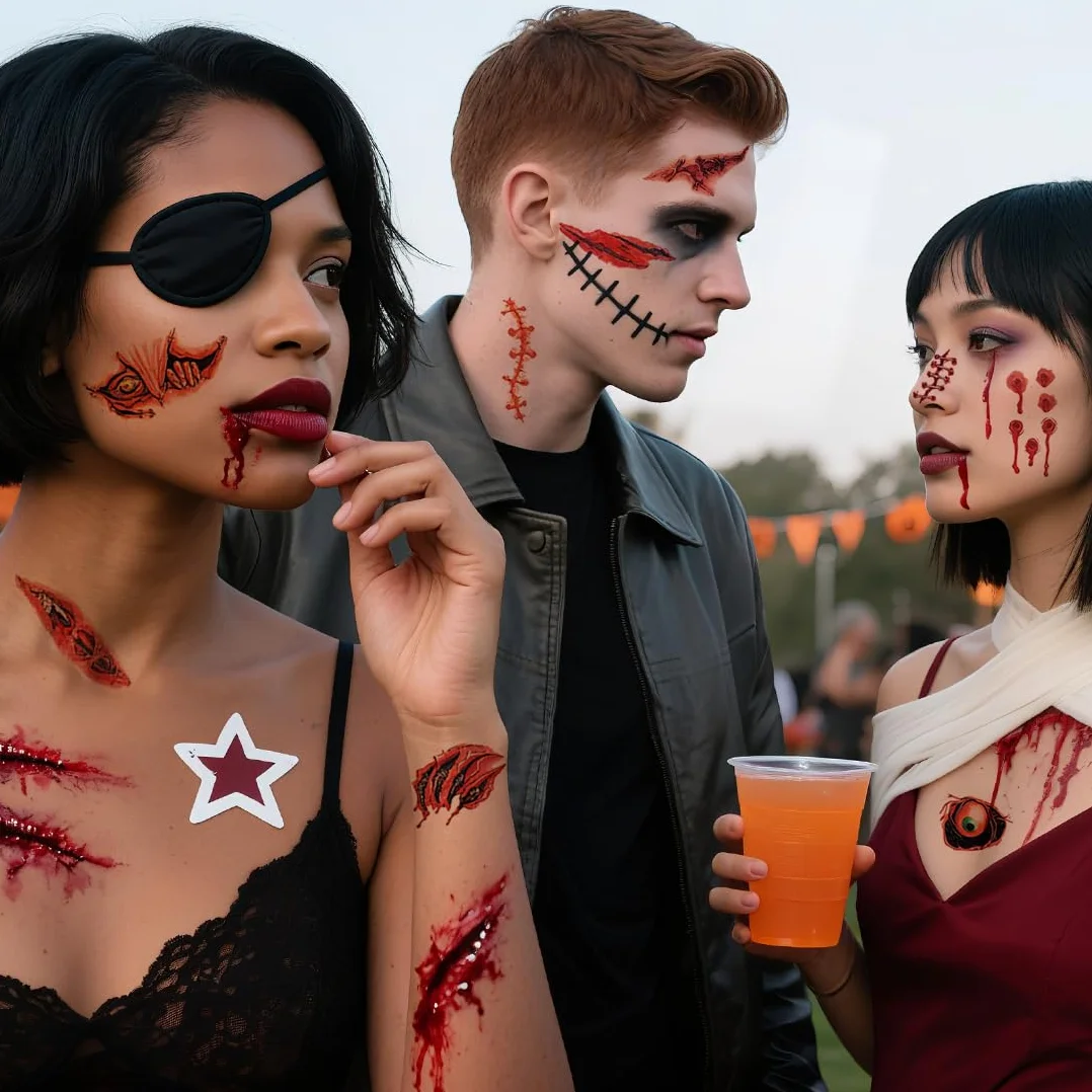 Tatuaż na blizny na Halloween, 30 arkuszy realistycznych blizn z horroru, straszny tatuaż na twarz zombie dla dzieci i dorosłych, wodoodporny tatuaż na Halloween, na karnawał i imprezę