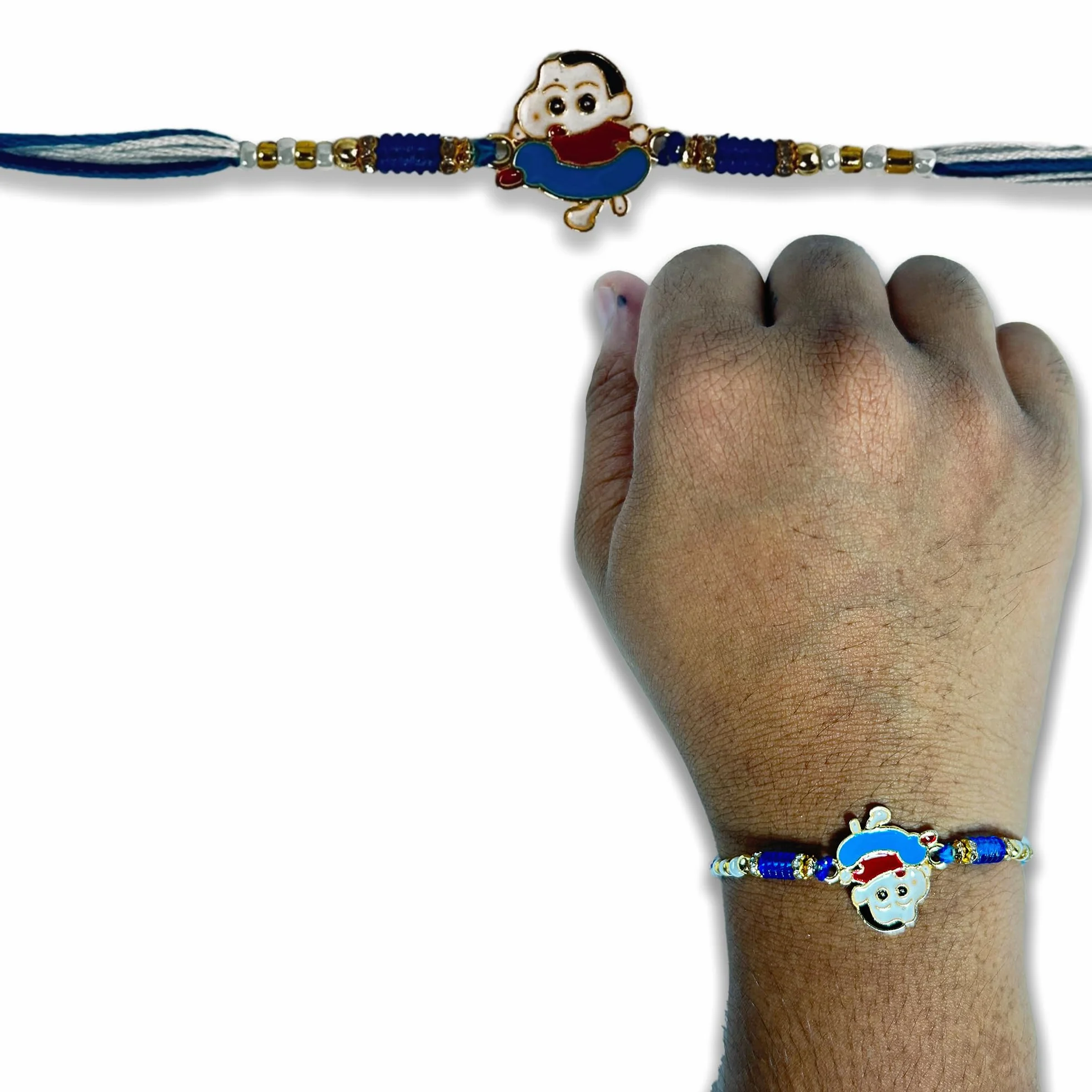 Dzieci Rakhi i postać z kreskówki, designerskie metalowe rakhi z Roli Chawal + kartka z życzeniami zestaw 3 sztuk, M, bez kamieni szlachetnych, Medium, Bez kamienia szlachetnego