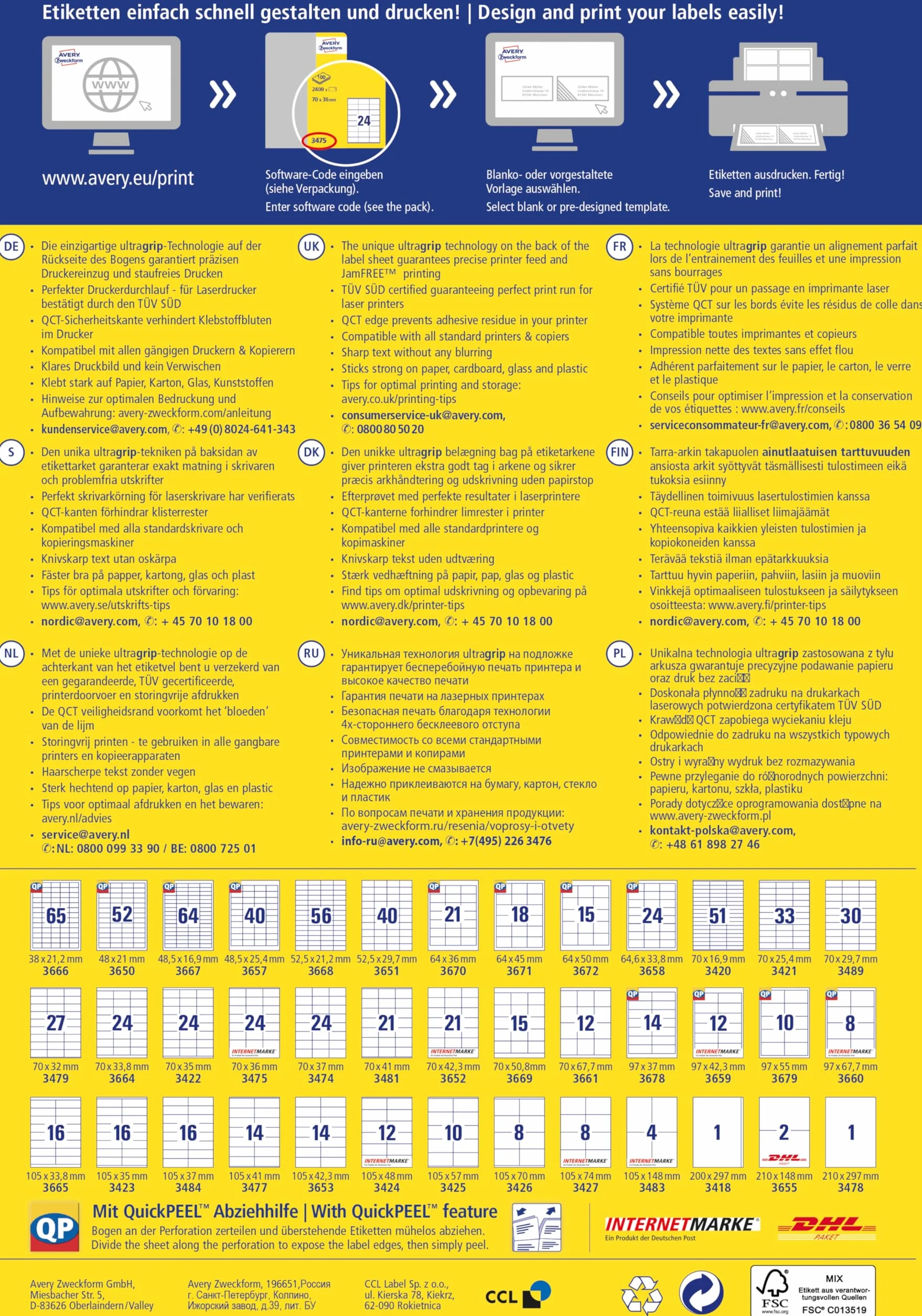 AVERY Zweckform 3425 naklejki adresowe (1000 etykiet samoprzylepnych, 105 x 57 mm na A4, papier matowy, etykiety nadawcy, samoprzylepne etykiety adresowe z ultragripem), 100 arkuszy, białe