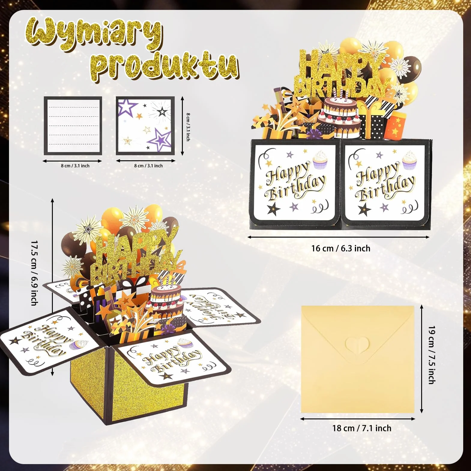 Kartka urodzinowa, Kartka urodzinowa 3D Pop-Up Happy Birthday, Ręcznie składana kartka z kopertą, Prezent urodzinowy dla żony, dziewczyny, mężczyzn i przyjaciół – Czarne złoto 18x19CM