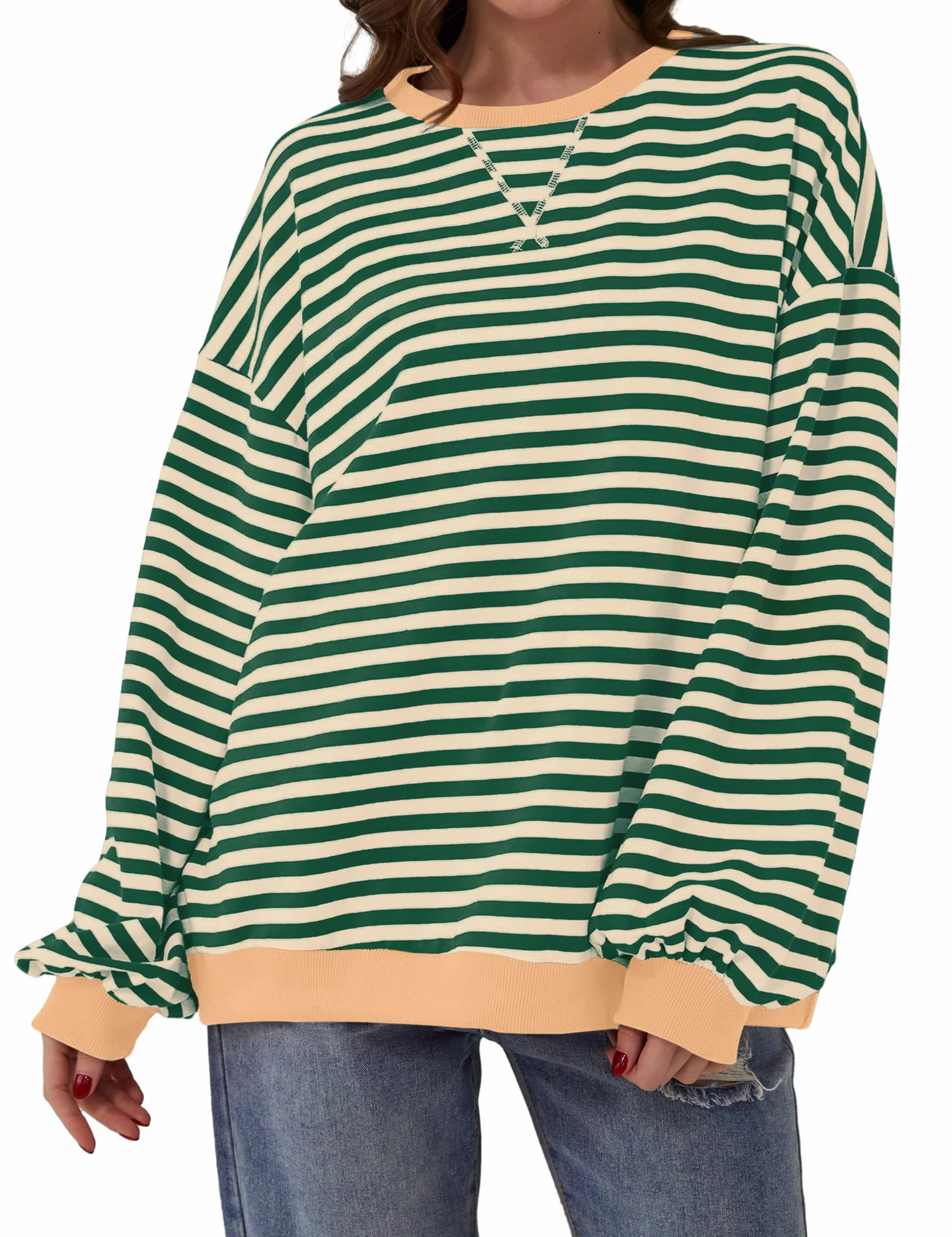 DUOEASE Sweter damski w paski, oversize, sweter z długim rękawem, jesień, okrągły dekolt, Y2K topy