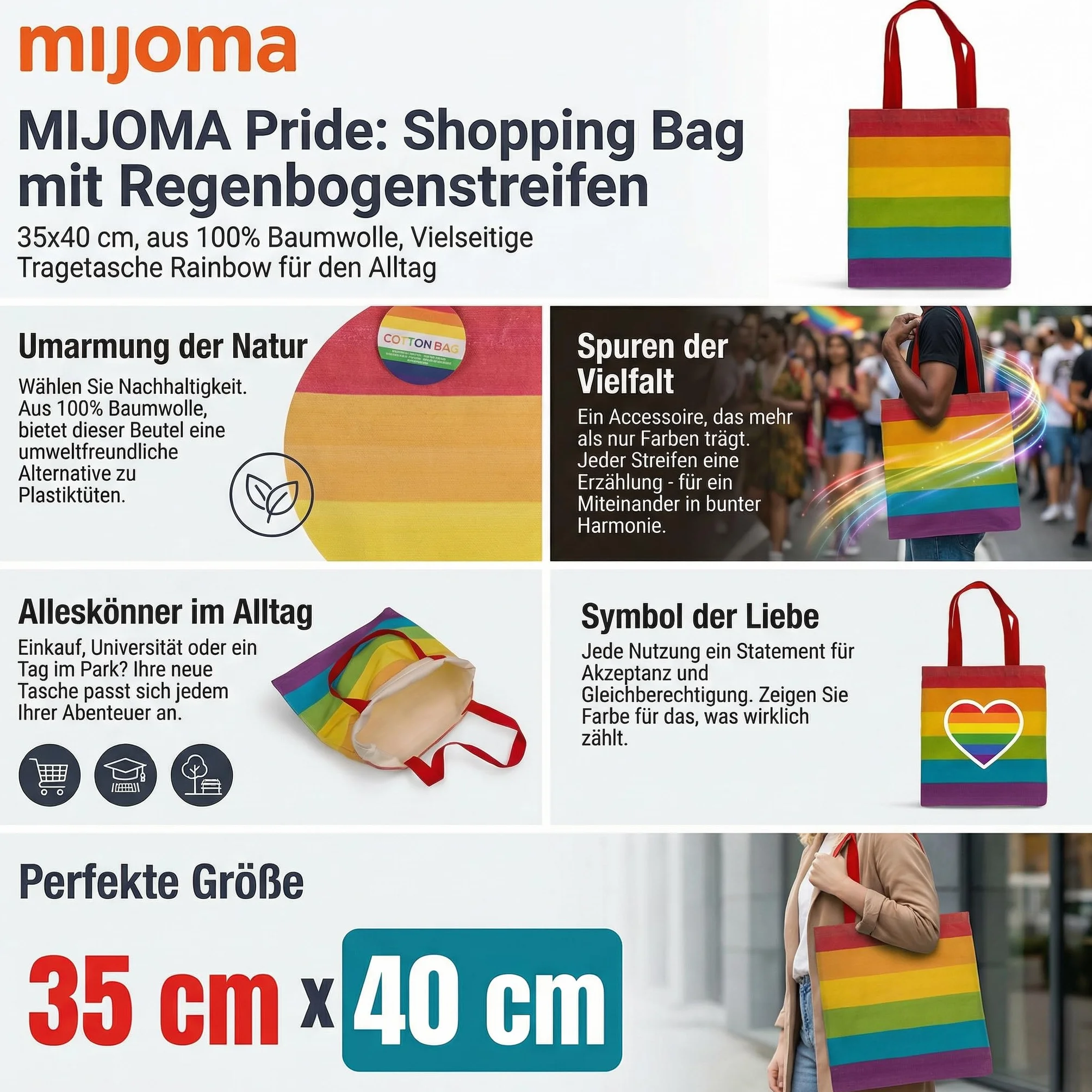 MIJOMA Worek bawełniany Pride: Shopping Bag w tęczowe paski, 35 x 40 cm, ze 100% bawełny, uniwersalna torba do noszenia na co dzień, T?czowe paski, ca. 35 x 40 cm