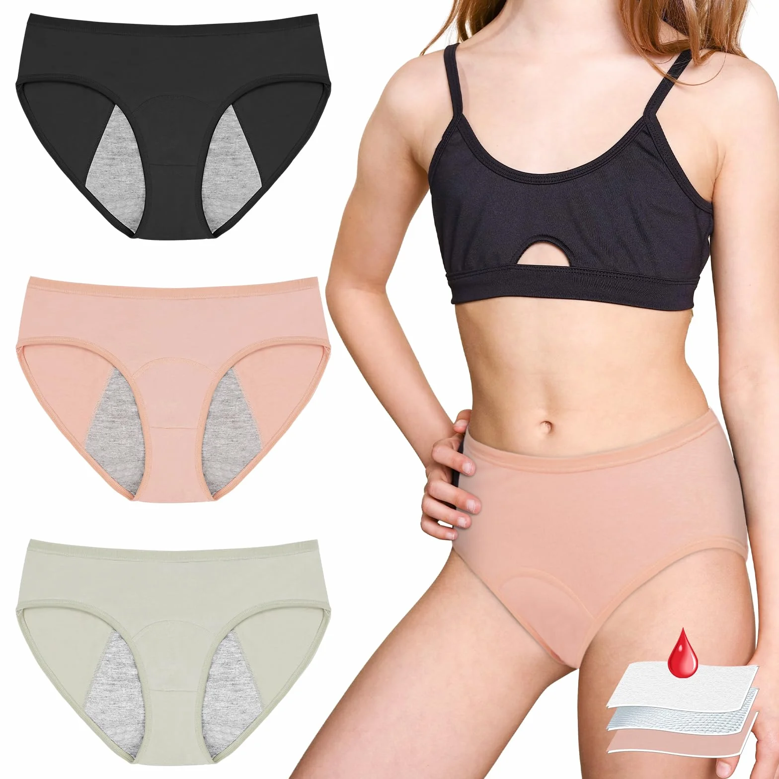 AUYAO Bielizna dla dziewcząt, 3 sztuki, majtki okresowe, bielizna miesiączkowa, bezszwowa, bielizna menstruacyjna, dla nastolatków, nadaje się do prania, majtki menstruacyjne, dla nastolatków