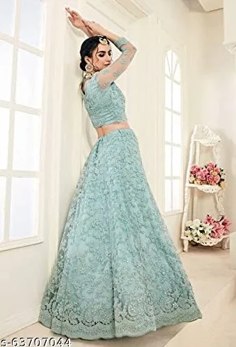 Lehenga Choli damska siatkowa haftowana niebieski proszek rozmiar uniwersalny