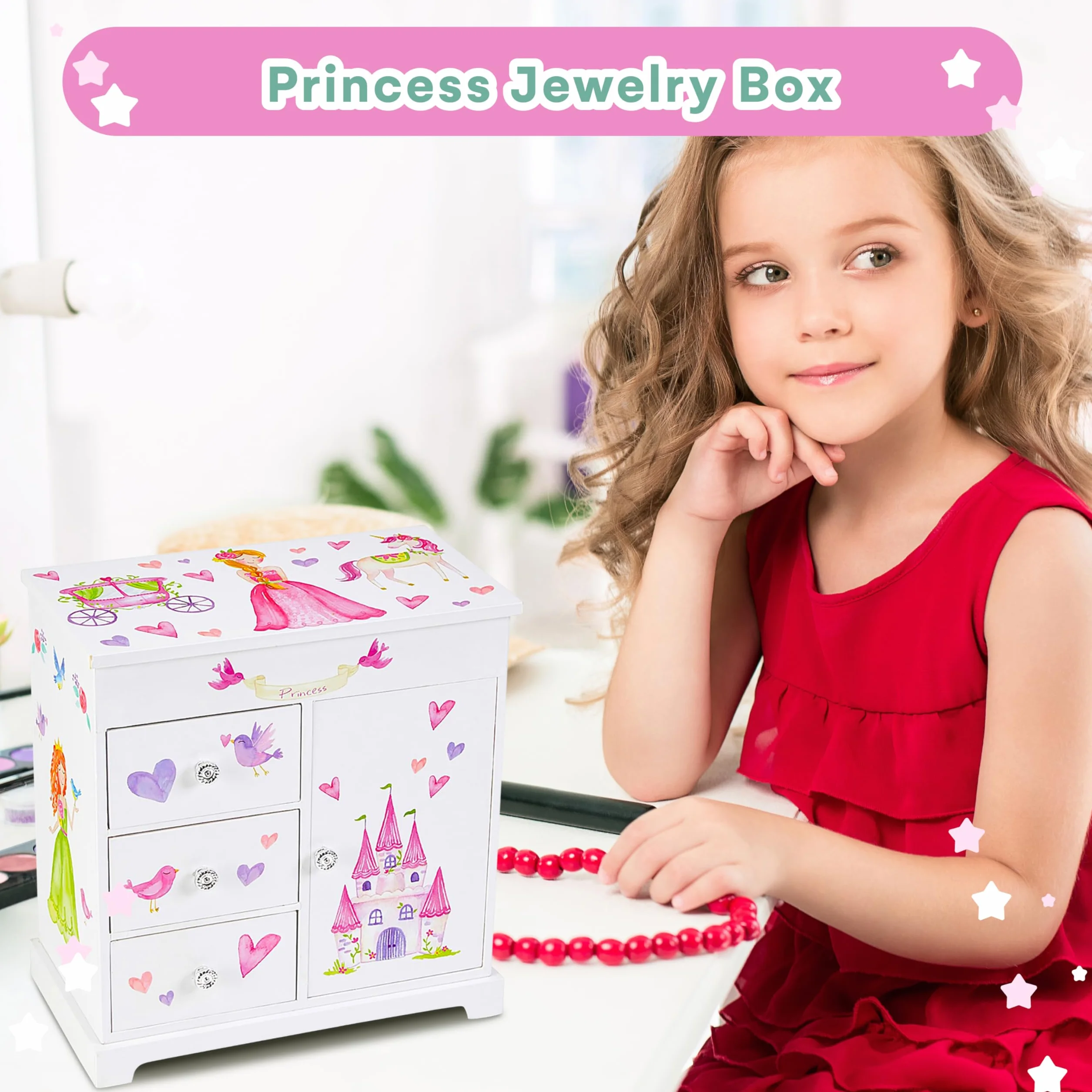 Jewelkeeper Pudełko na biżuterię z jednorożcem z 3 wysuwanymi szufladami, wzór księżniczki wróżki i zamku, bajkowa melodia z motywem "Dance of the Sugar Plum"
