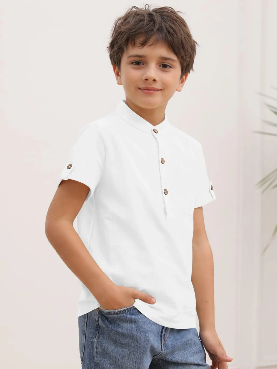 Haloumoning Chłopięca koszula z krótkim rękawem Henley Shirt Button Up bawełna topy casualowa koszula z kieszenią na piersi