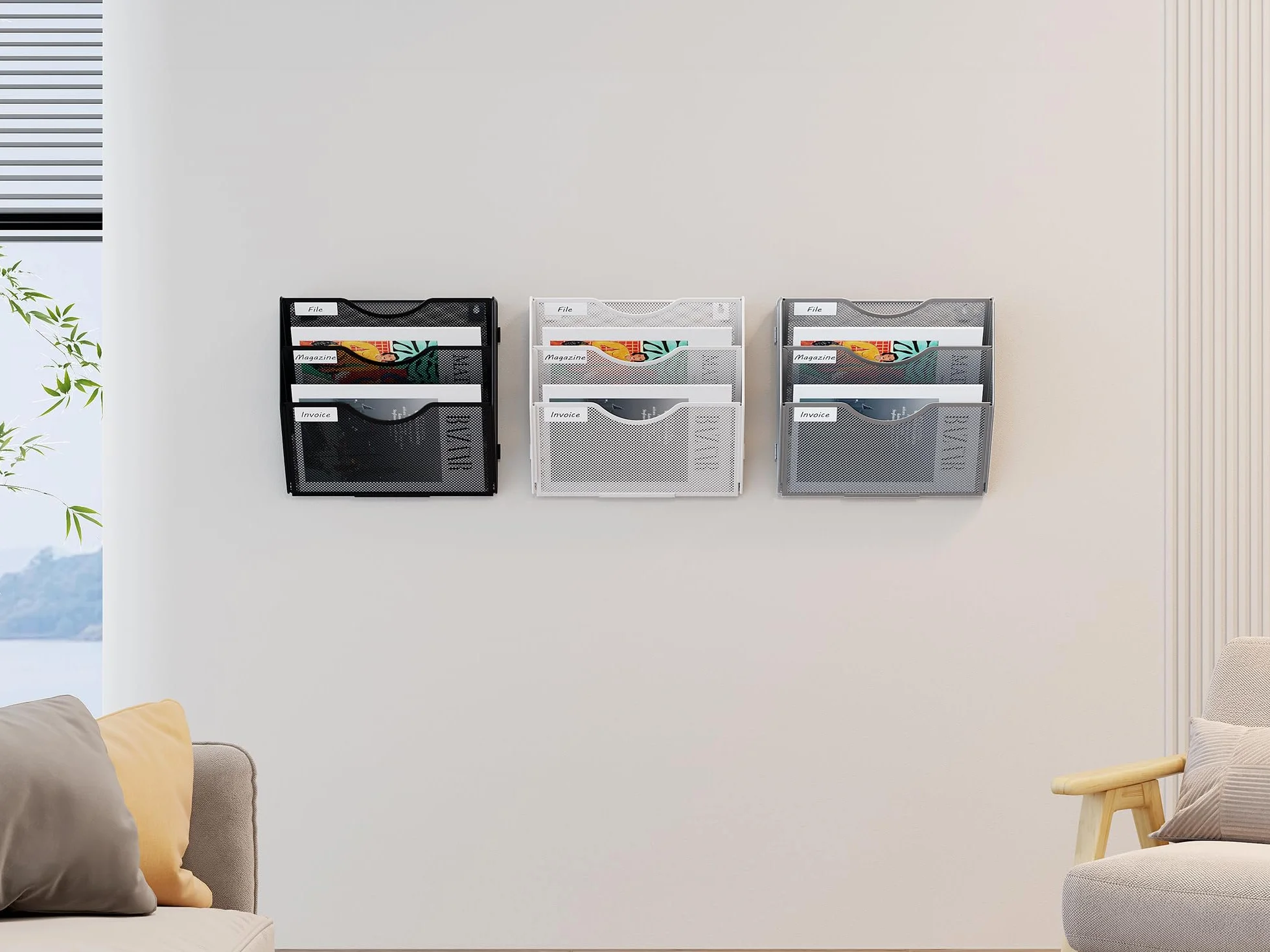 EasyPAG Uchwyt Ścienny na Dokumenty A4 3 Przedziały Metal Siatka,Ścienny Stojak na Pocztę,Wiszący Organizer na Dokumenty,Przechowywanie Czasopism do Domu & Biura,Czarny