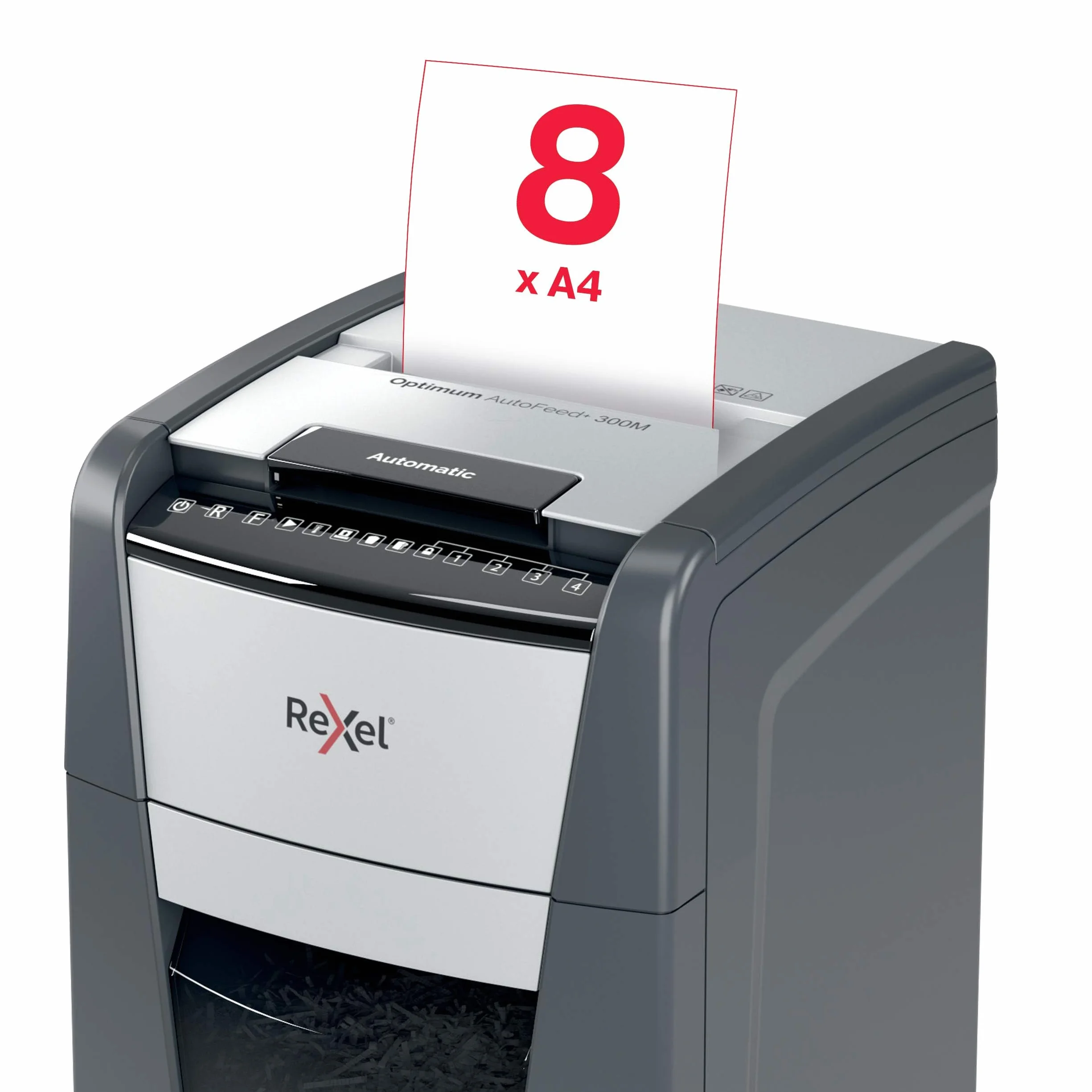 Rexel Optimum Auto Feed+ Automatyczna Niszczarka do Papieru, 300 Arkuszy, Bezpieczeństwo P-5, Tnie na Mikrościnki, do Małego Biura, 60 L, na Kółkach, 2020300M