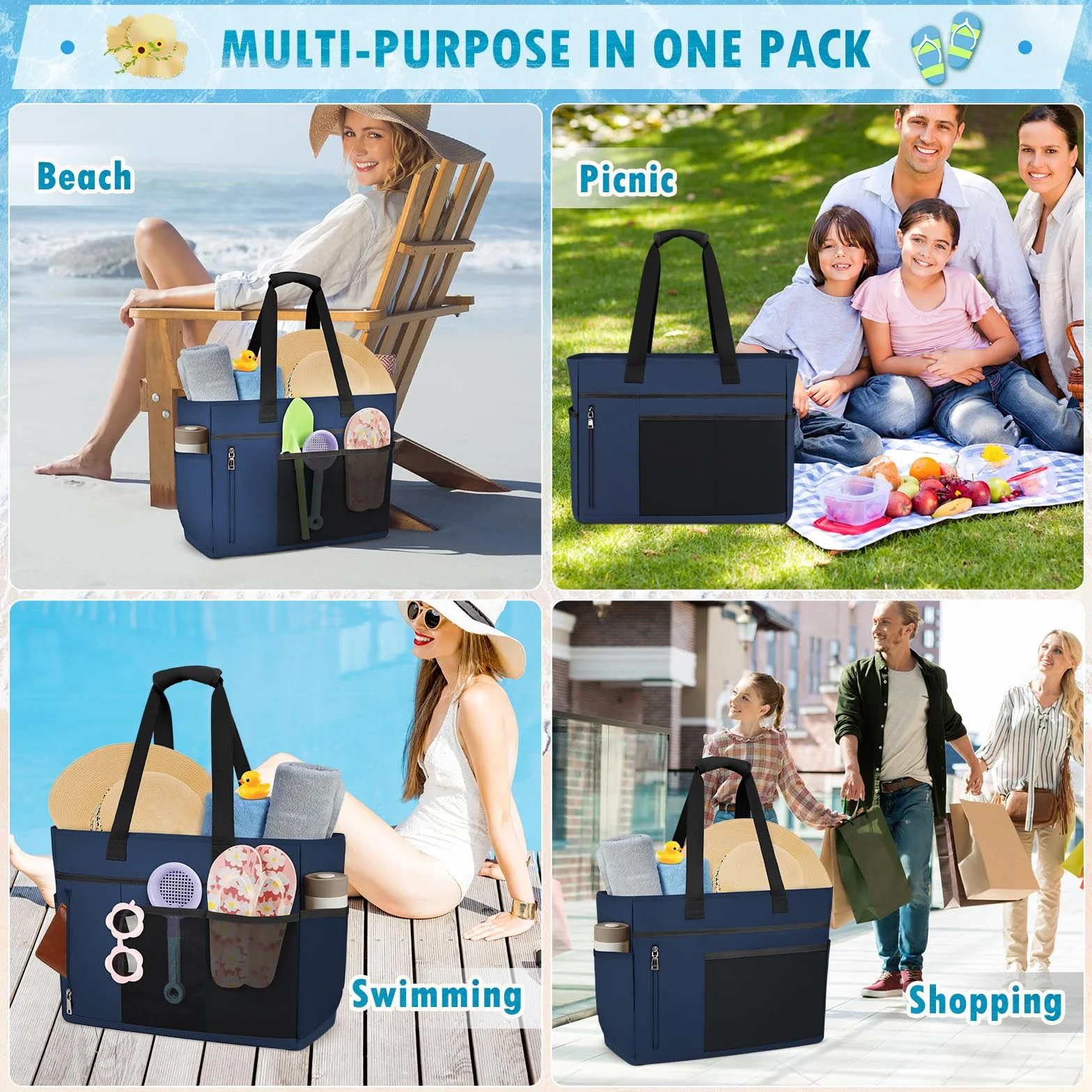 RAINSMORE Torba plażowa XXL, rodzinna torba kąpielowa, z zamkiem błyskawicznym, duża, damska, wodoszczelna, z siateczki, 40 l, damska torba do pływania, na plażę, podróże