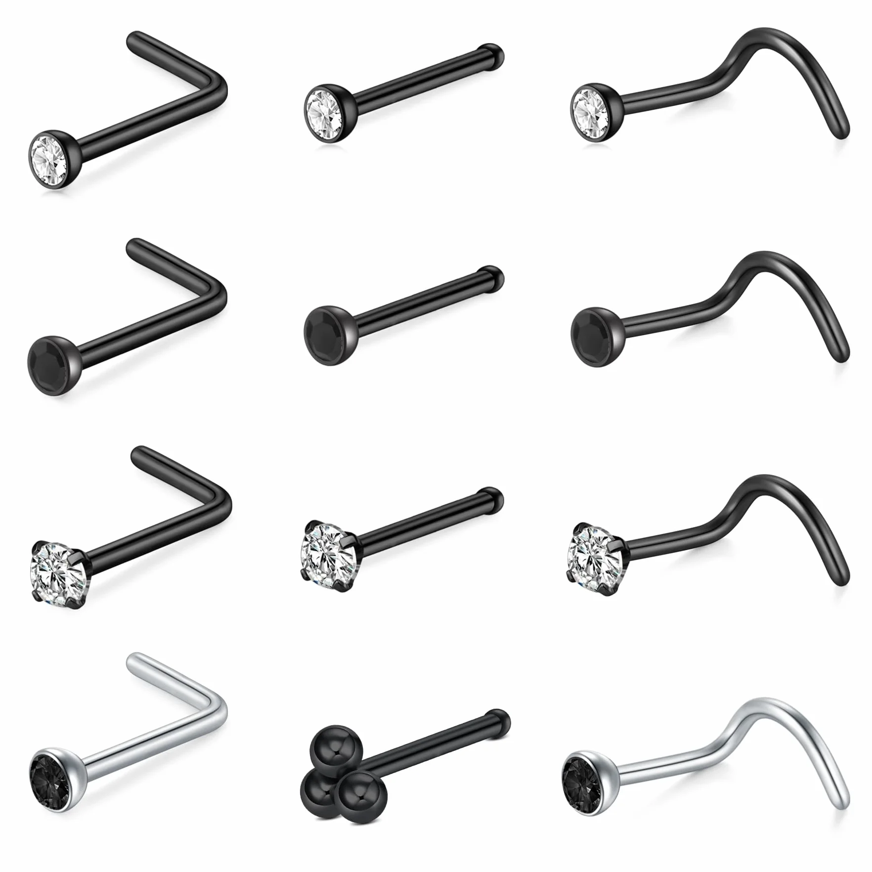 Czarne kolczyki do nosa zestaw śrub ze stali nierdzewnej 0,6/0,8/1,0 mm nozdrza 7 mm pręt w kształcie litery L dla kobiet mężczyzn piercing biżuteria 22 g / 20 g / 18 g