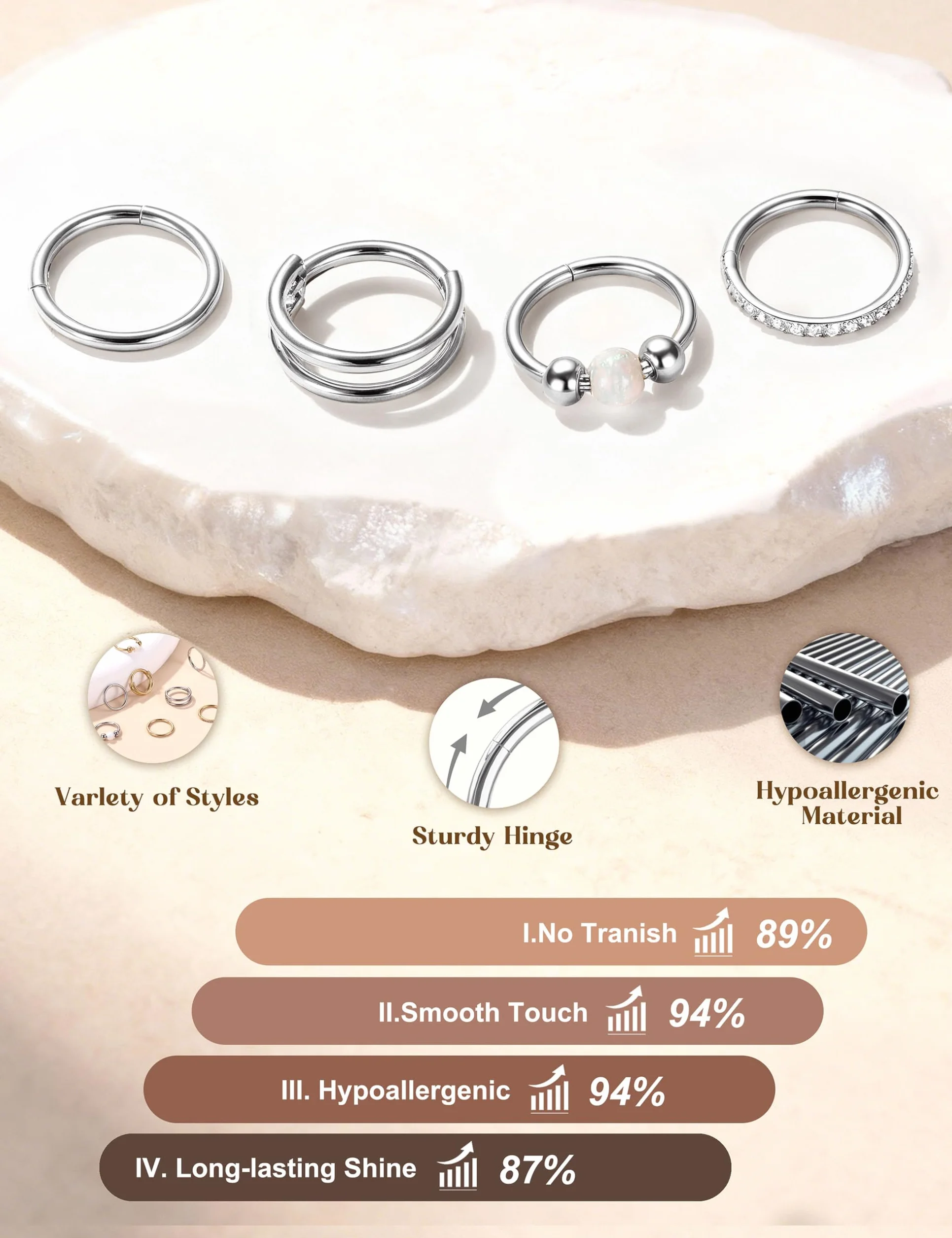 Morfetto 4 sztuki kolczyków do nosa, 16 g, 18 g, 20 g, stal chirurgiczna 316L, kolczyk do nosa, helix, conch, tragus, daith, złoto, srebro, clicker, 6 mm/8 mm/10 mm