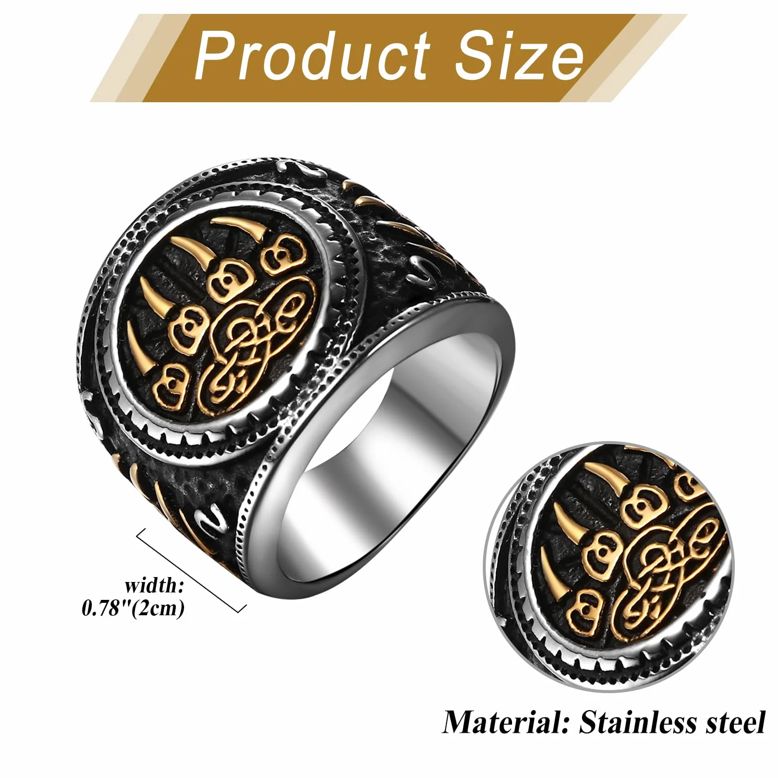 JewelryWe Pierścionek męski z pazurem niedźwiedzia Wikingów: Vintage stal szlachetna męski pierścionek nordycki miś pazur, celtycki węzeł pieczęć pierścienie na palec pierścienie na palec pierścionek