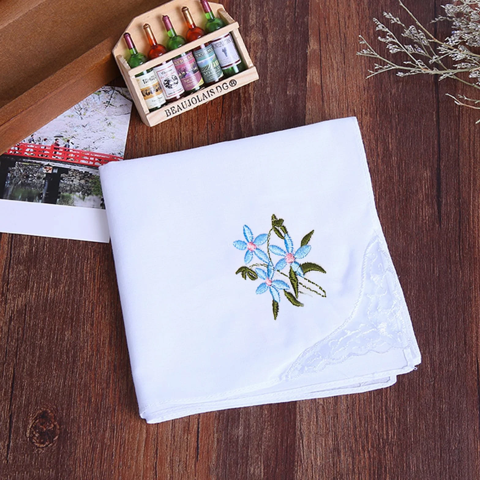 6 sztuk bawełnianych chusteczek do włosów, chusteczek z delikatnym orientalnym wzorem, haftowana chusteczka z motylami, chusteczki ze 100% bawełny (28 cm x 28 cm), Kolor biały, 28 x 28 cm/11 x