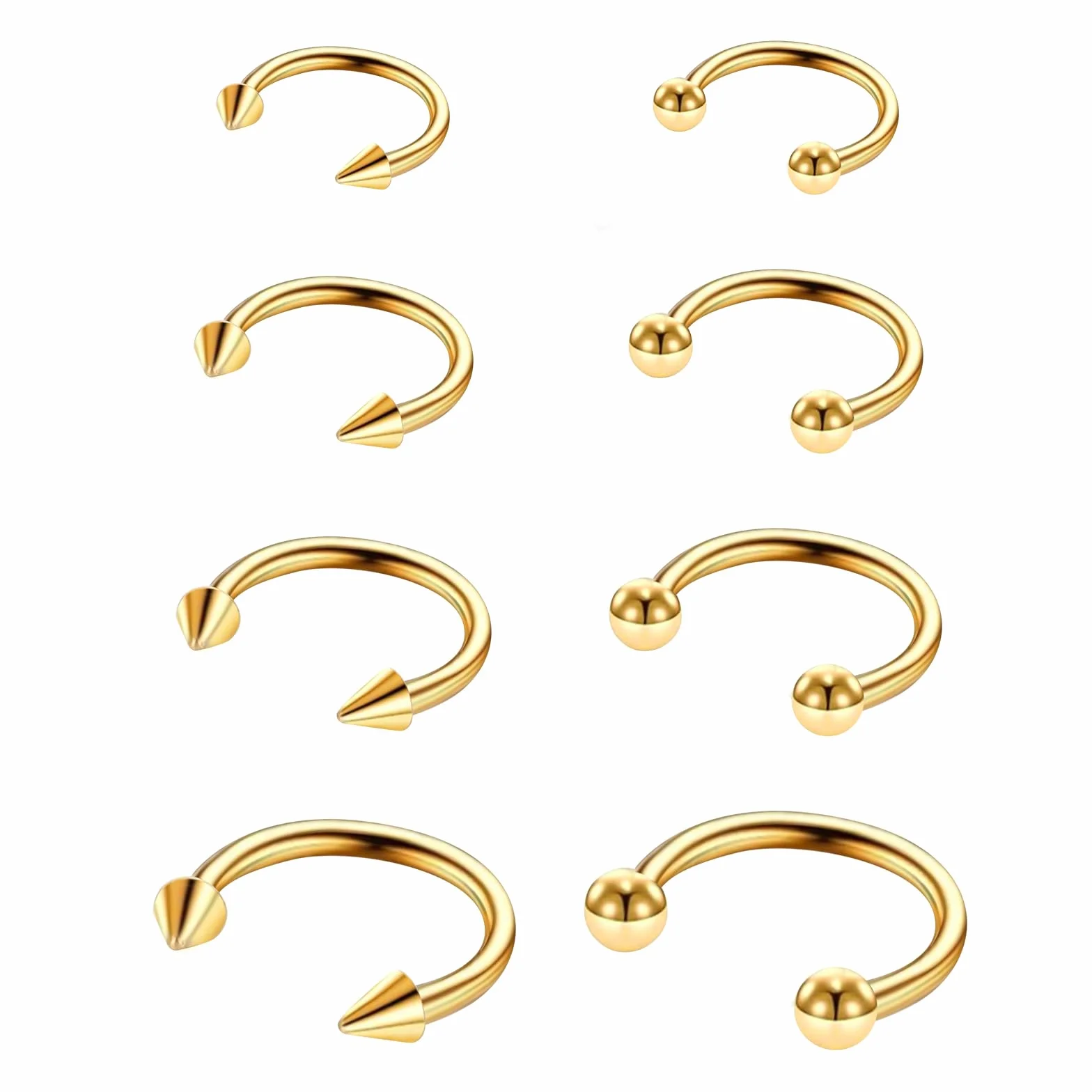 Yolev 8 sztuk kolczyków do piercingu w kształcie podkowy, 16 g, stal chirurgiczna, kolczyk do przegrody nosowej, piercing septum, złoty, kolczyki do nosa, piercing ust, pierścionki do brwi, kolczyki