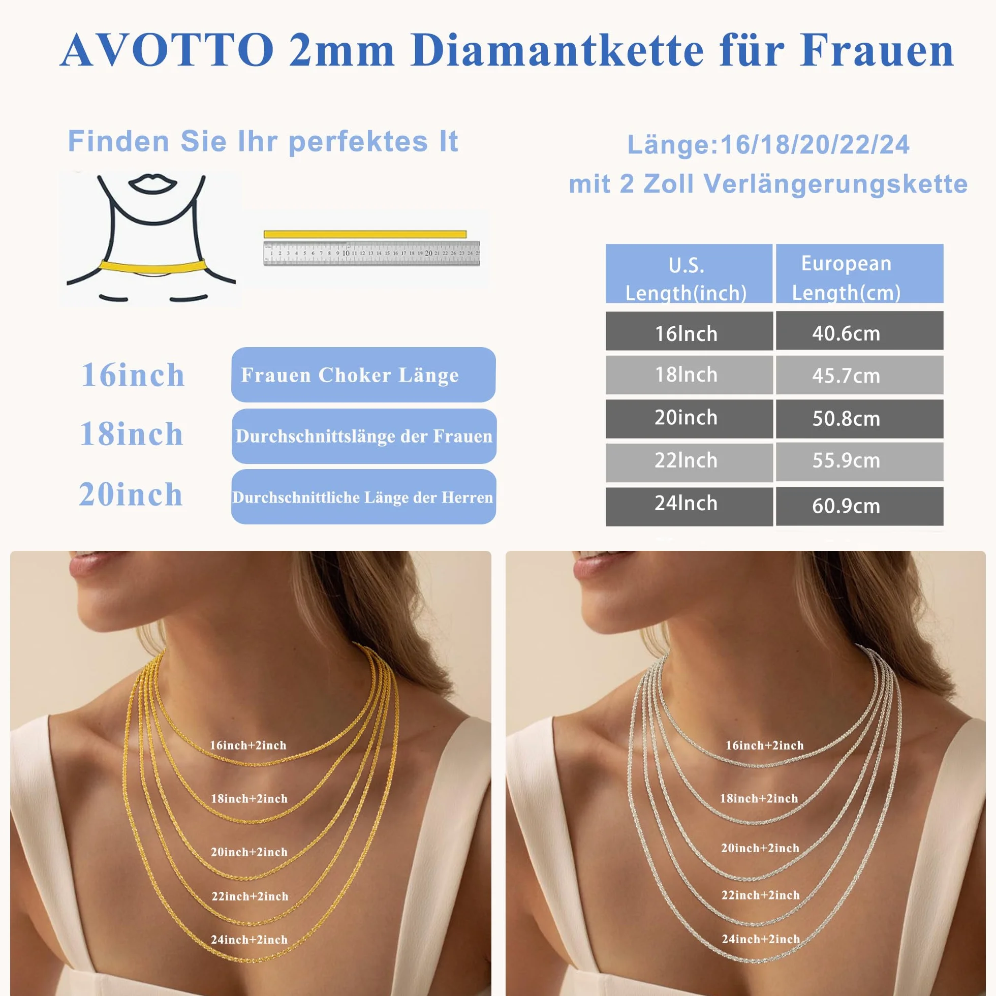 Avotto Srebro wysokiej próby S925 diamentowy łańcuszek dla kobiet 2 mm delikatny i hipoalergiczny srebrny łańcuszek naszyjniki dla kobiet 16 18 20 22 61 cali