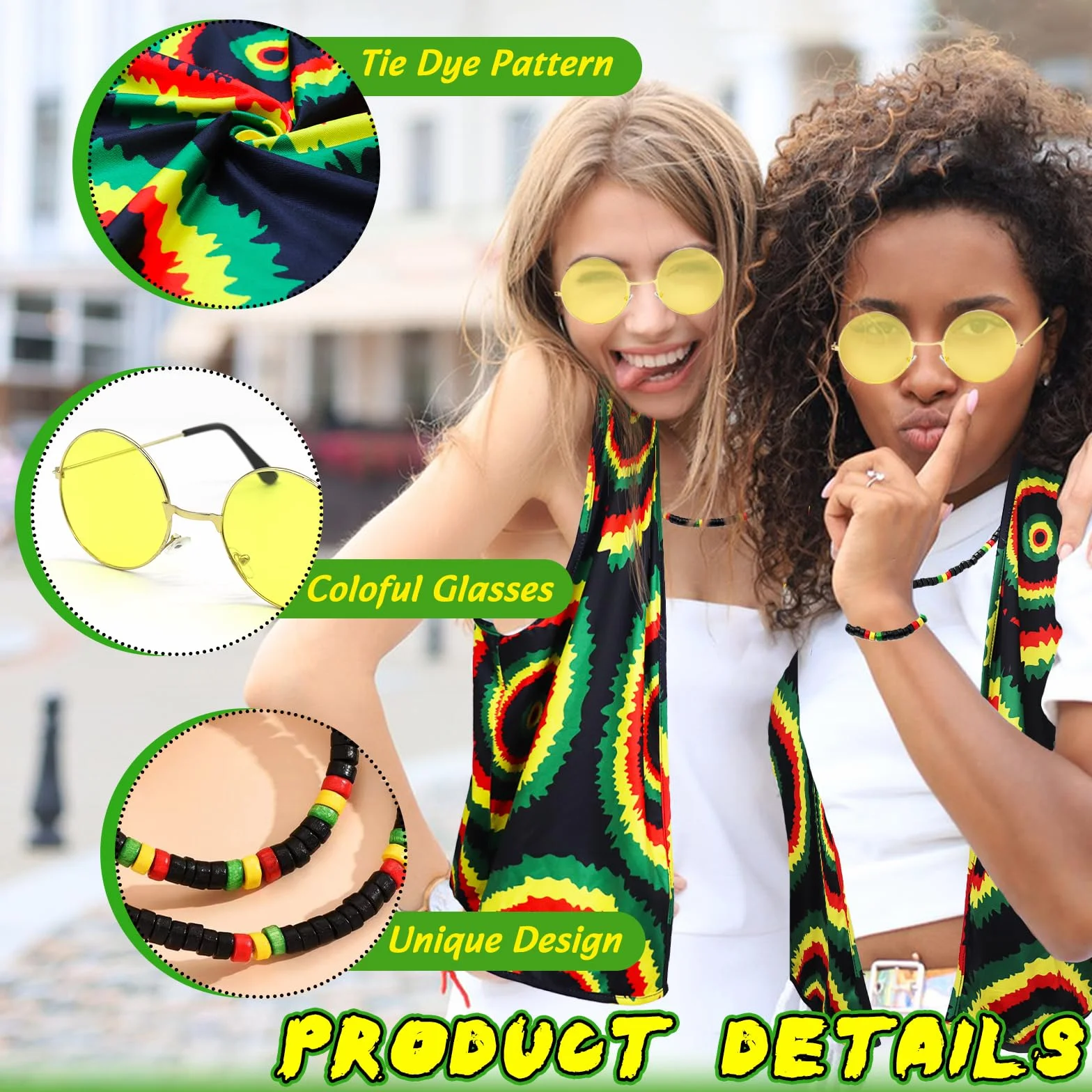 Zestaw akcesoriów do kostiumów Rasta 5 sztuk z czapką peruka Jamajka Reggae batik T-Shirt okulary przeciwsłoneczne pleciony naszyjnik bransoletka